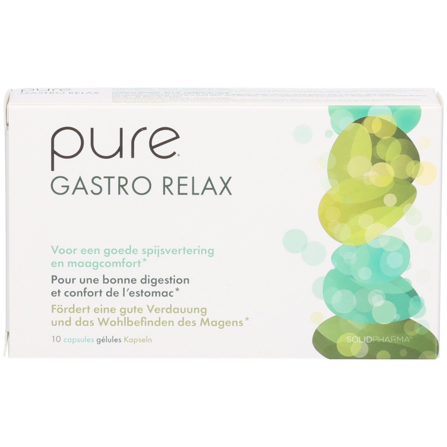Packung Pure Gastro Relax mit 10 Kapseln. Text auf Deutsch, Niederländisch, Französisch und Italienisch.
