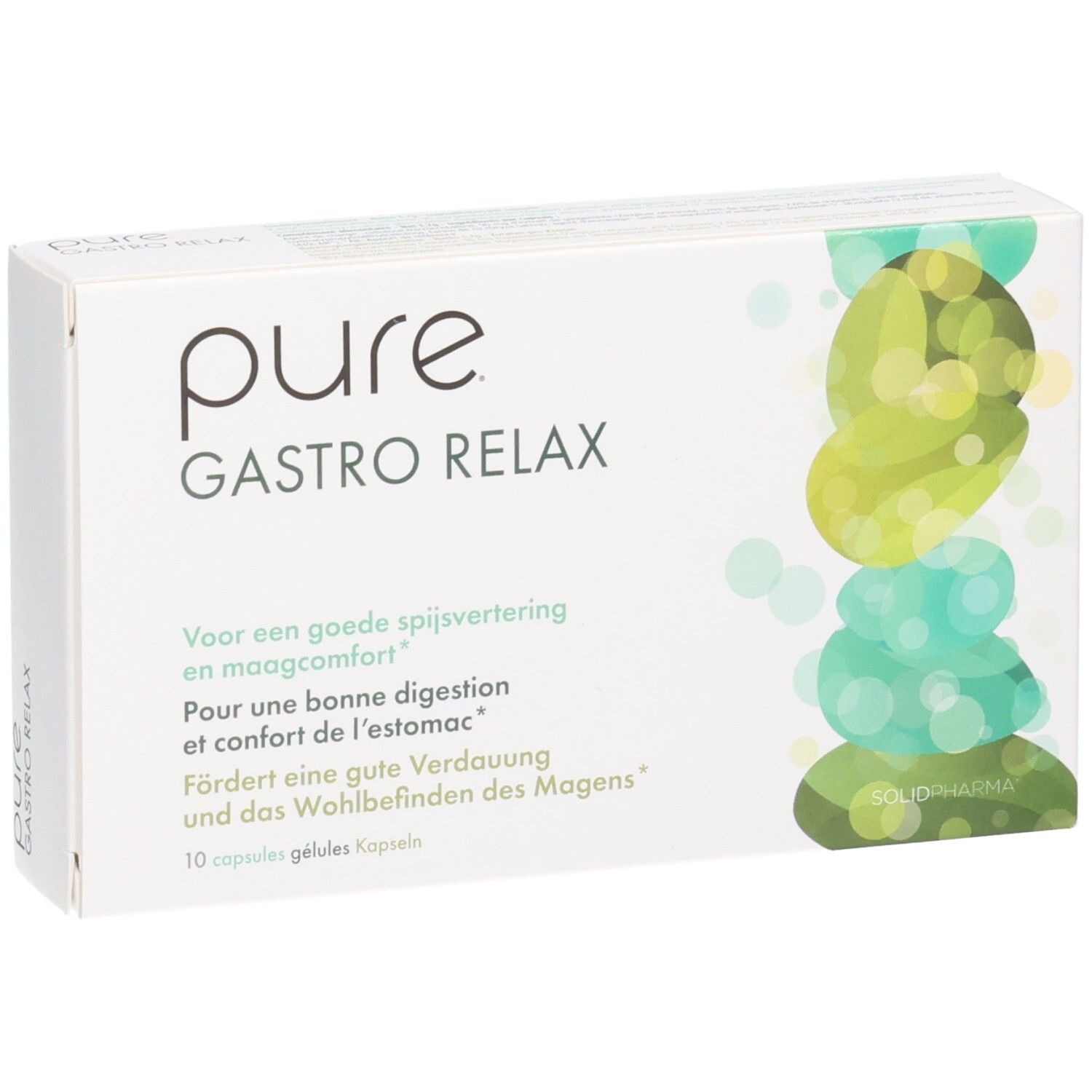 Packung Pure Gastro Relax mit 10 Kapseln. Text auf Deutsch, Niederländisch, Französisch und Italienisch.