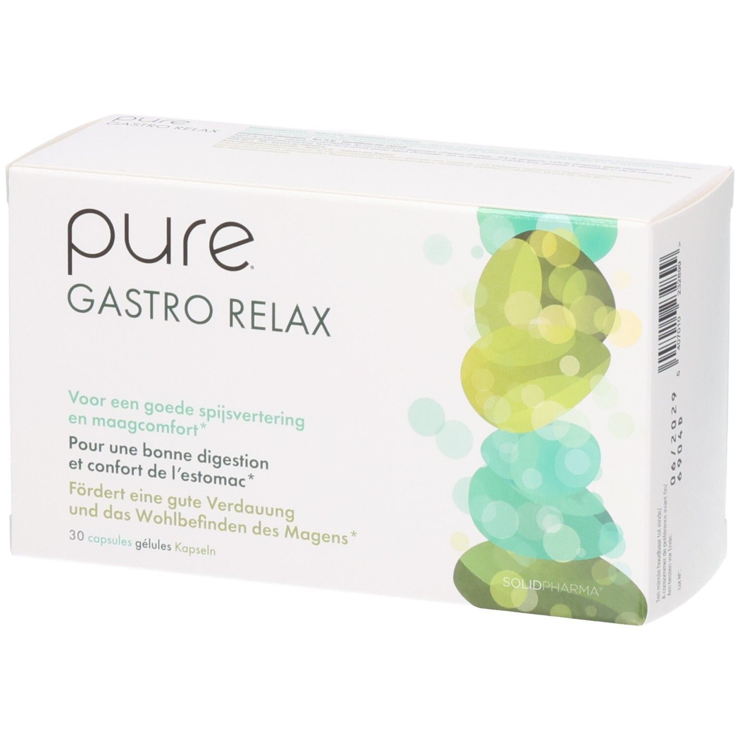 Weiße Produktverpackung mit Aufschrift "pure GASTRO RELAX". Text in Deutsch, Französisch und Niederländisch. 30 Kapseln.