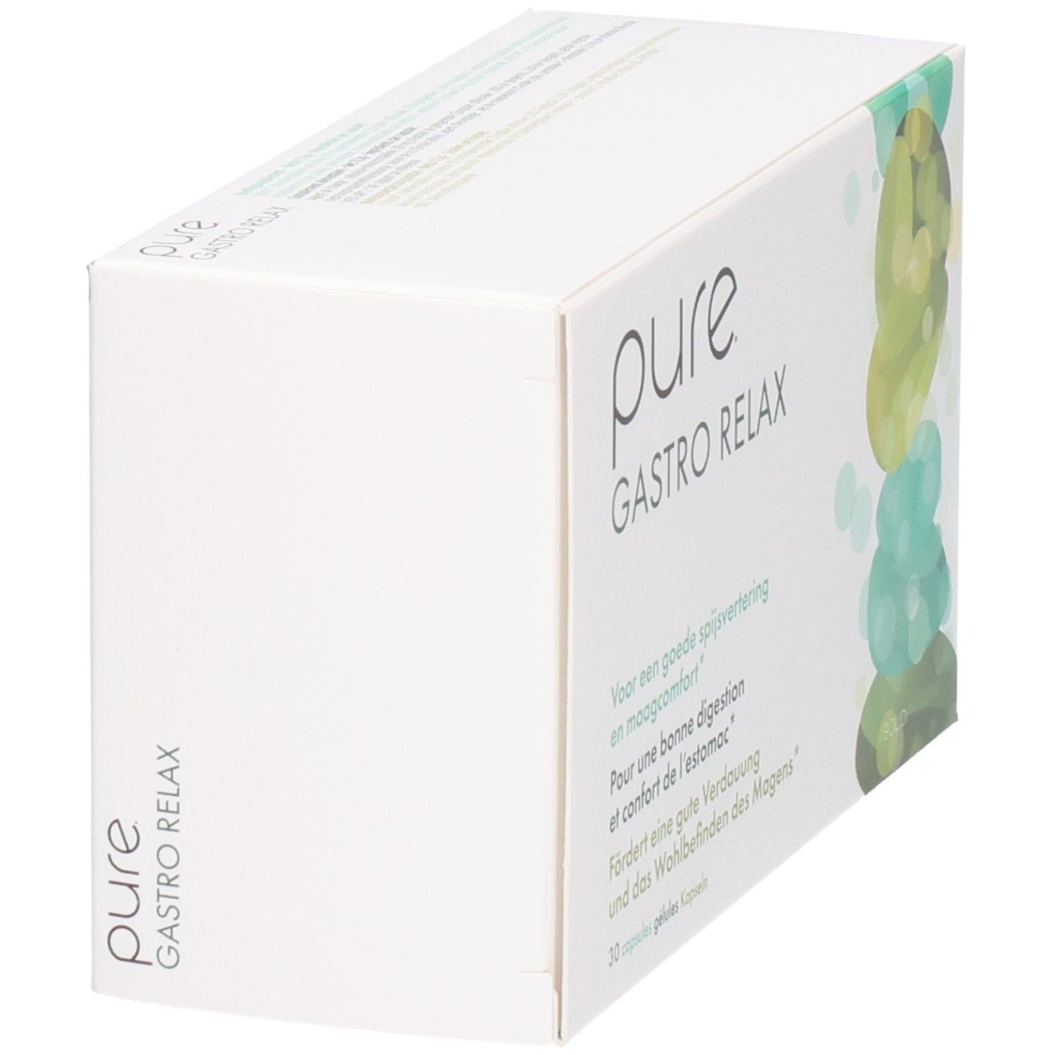 Weiße Produktverpackung mit Aufschrift "pure GASTRO RELAX". Seitenansicht mit Text und Logo.