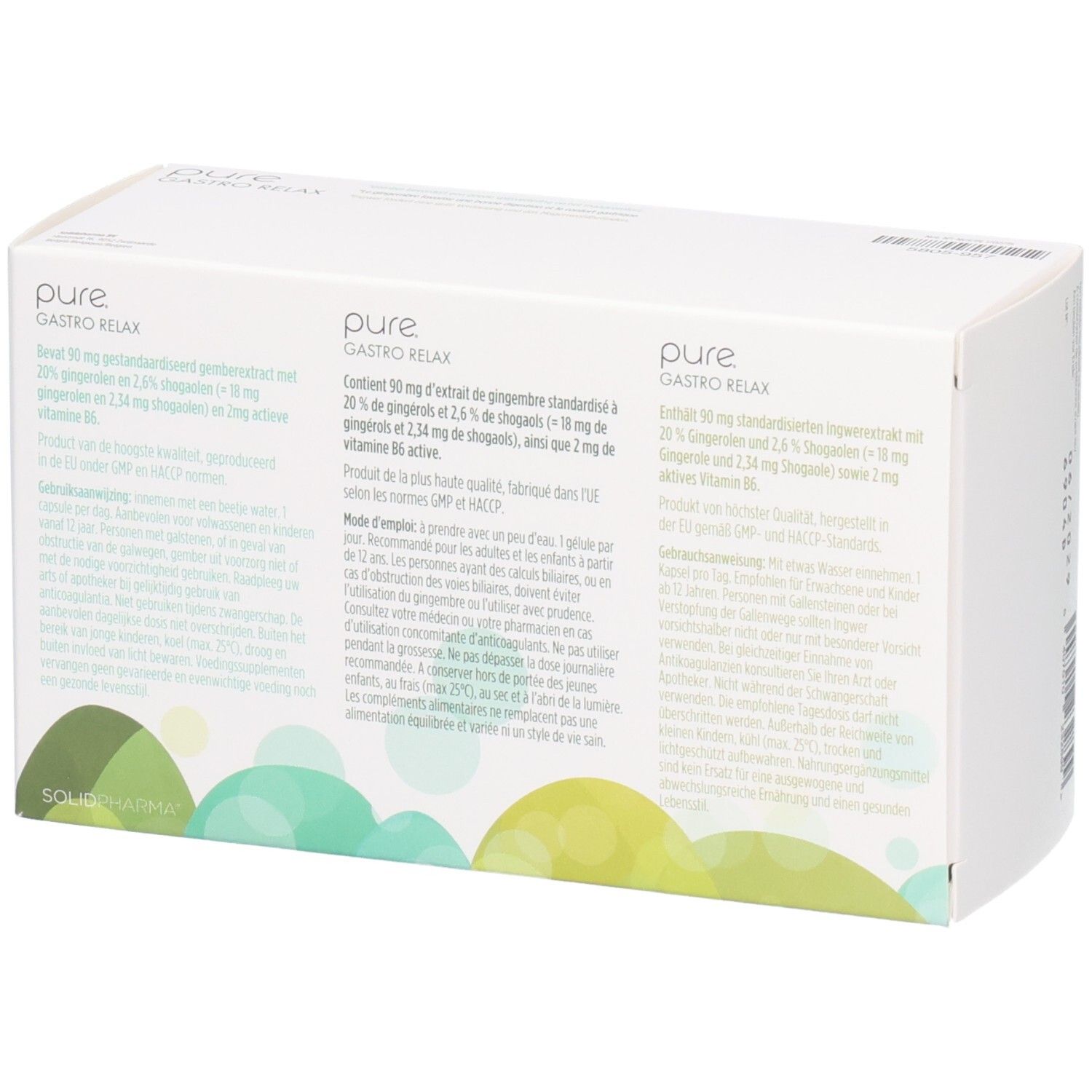 Rückseite der Produktverpackung. Text in mehreren Sprachen. Inhaltsstoffe und Informationen.