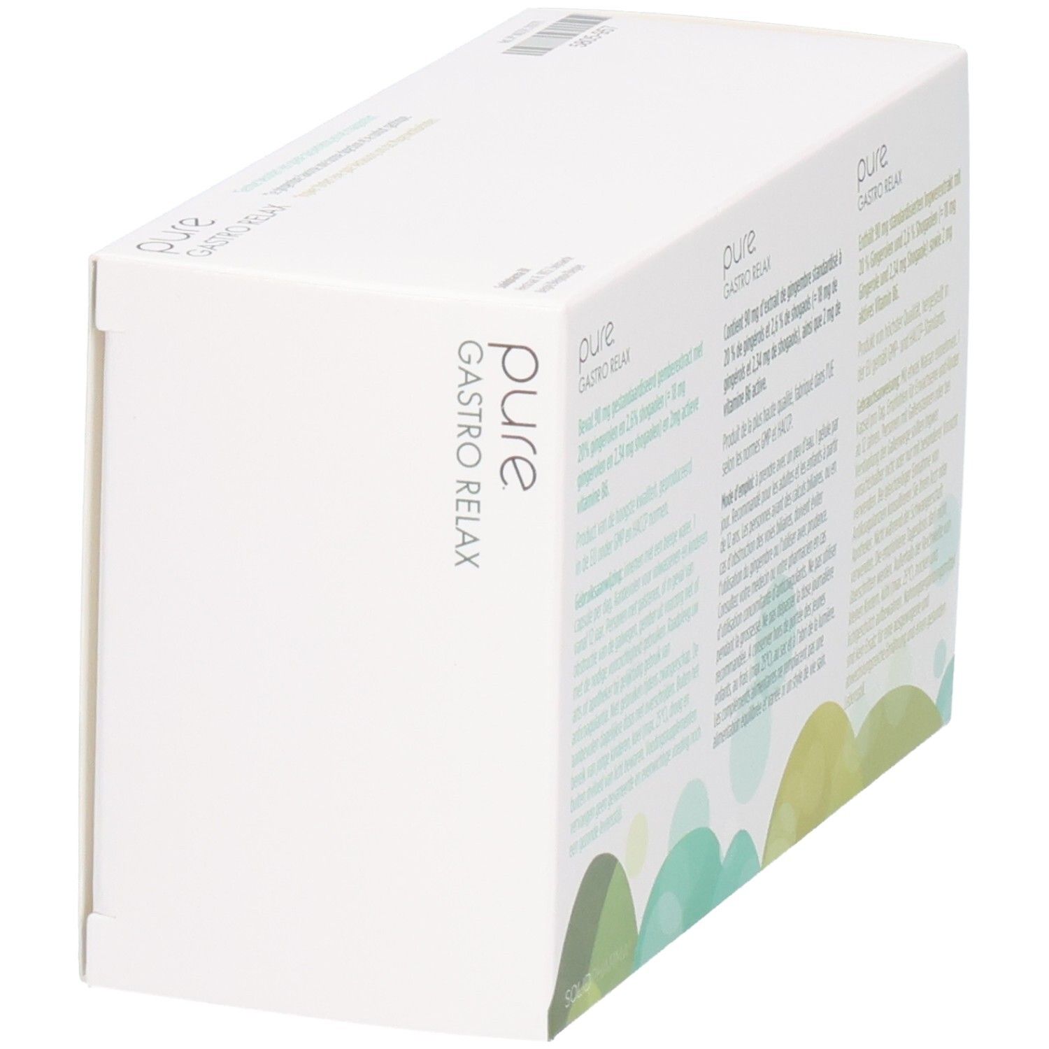 Seitenansicht der Produktverpackung. Text und Logo "pure GASTRO RELAX".