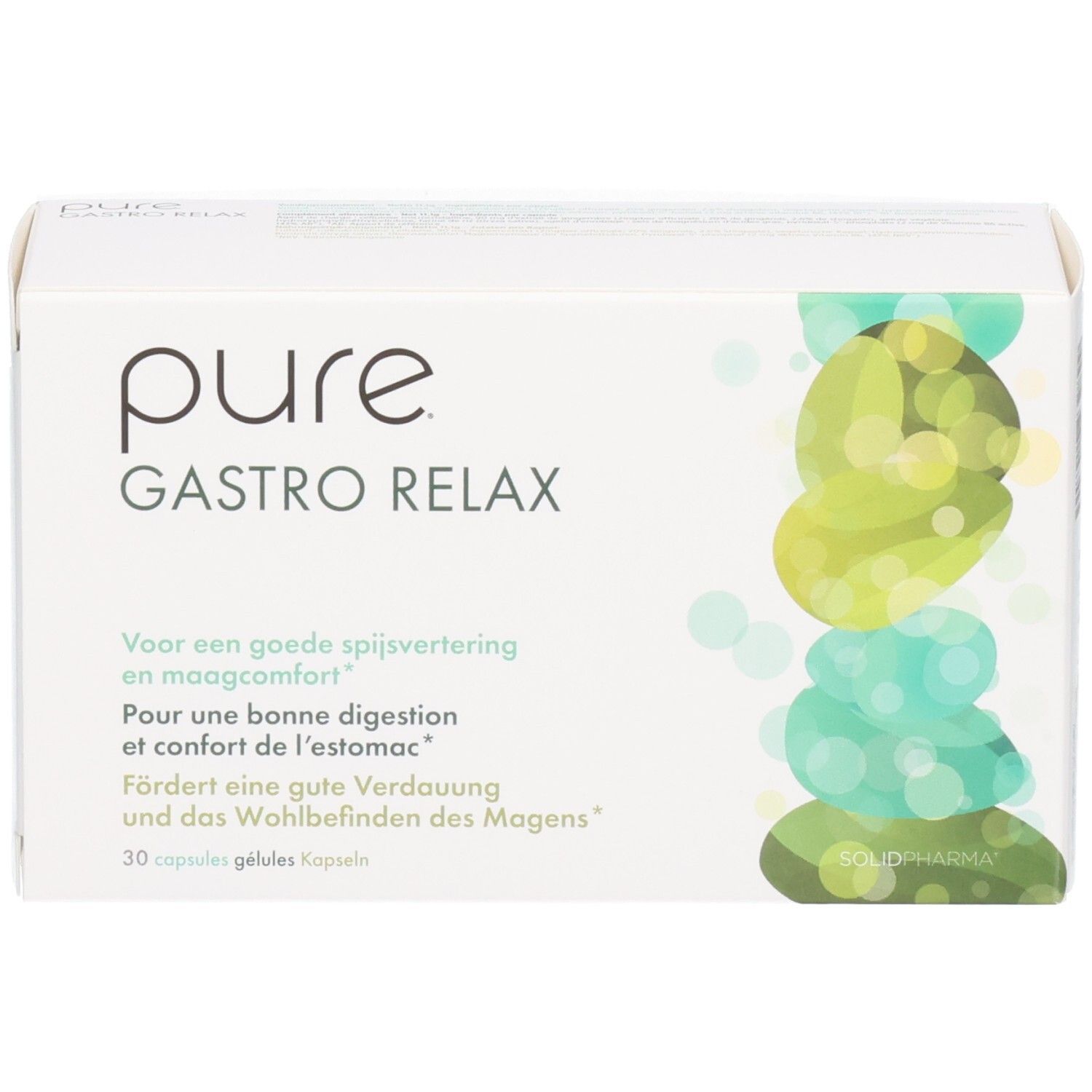 Weiße Produktverpackung mit Aufschrift "pure GASTRO RELAX". Text in Deutsch, Französisch und Niederländisch. 30 Kapseln.