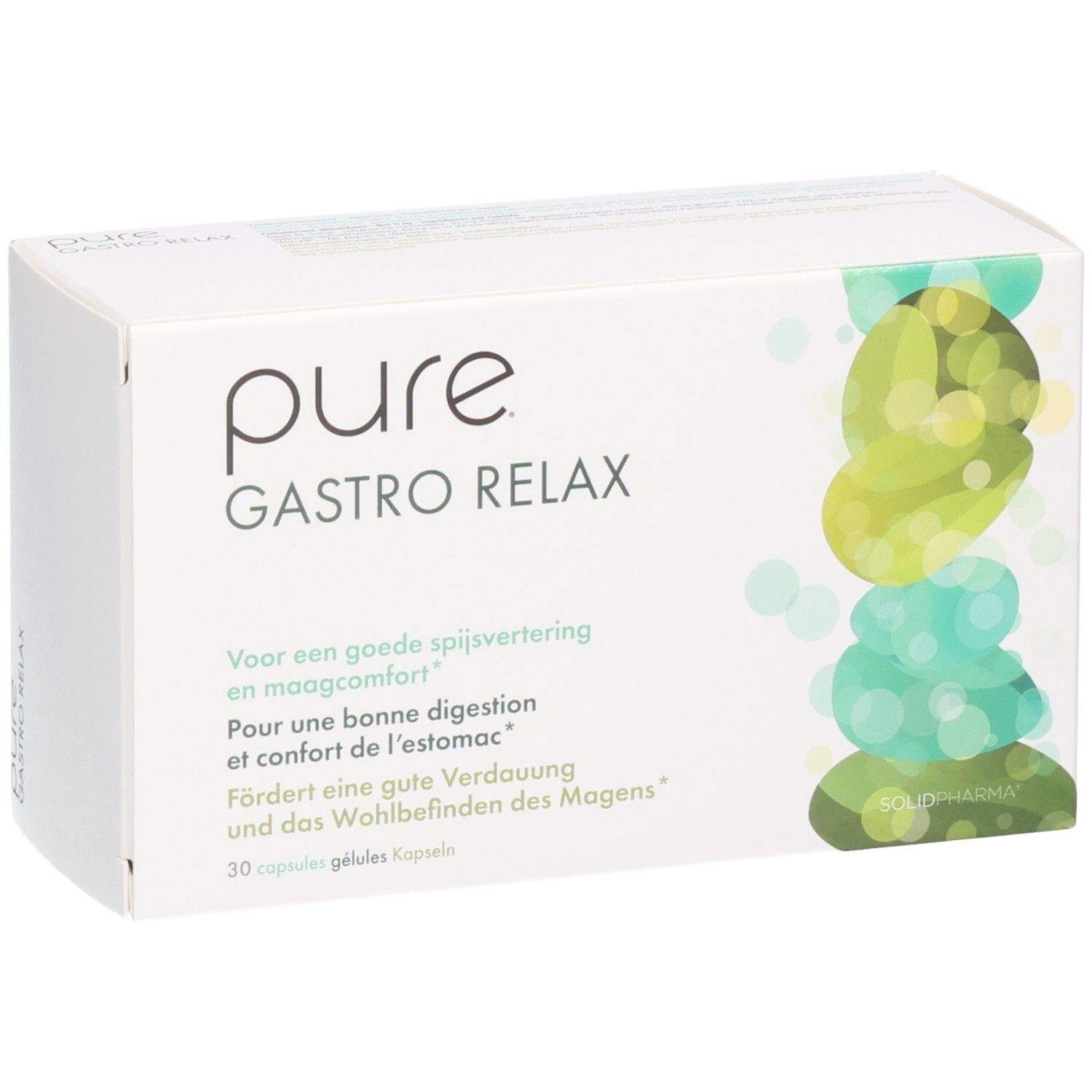 Weiße Produktverpackung mit Aufschrift "pure GASTRO RELAX". Text in Deutsch, Französisch und Niederländisch. 30 Kapseln.