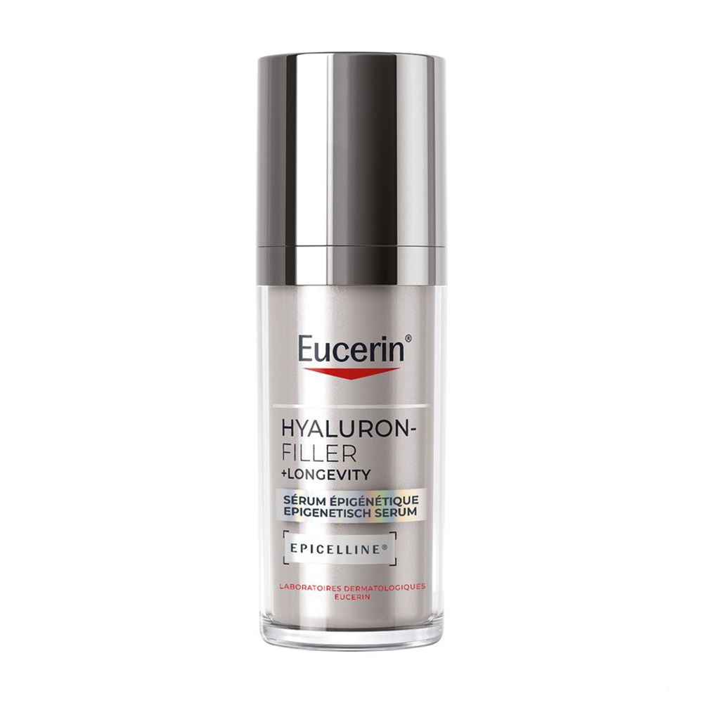 Flacon Eucerin Hyaluron-Filler + Longevity Sérum Épigénétique avec pompe.