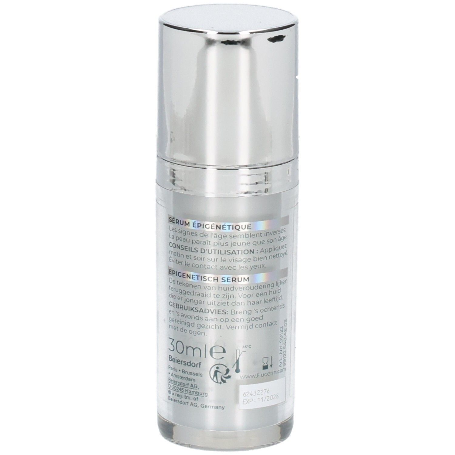 Rückseite der Eucerin Hyaluron-Filler + Longevity Serum Flasche mit Anwendungshinweisen.