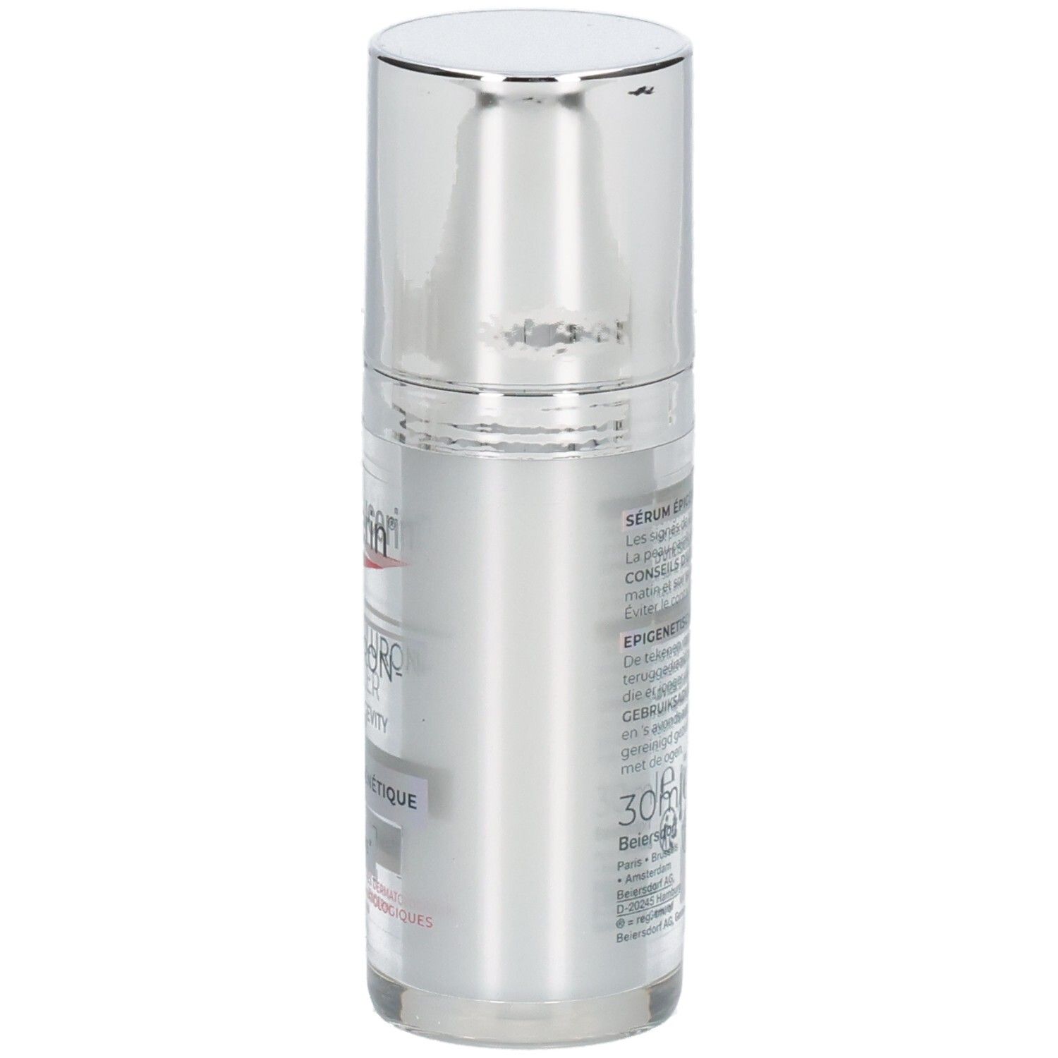 Seitenansicht der Eucerin Hyaluron-Filler + Longevity Serum Flasche.