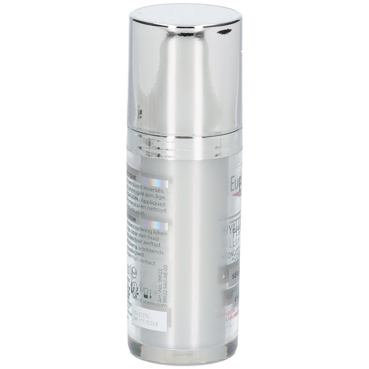 Rückseite der Eucerin Hyaluron-Filler + Longevity Serum Flasche mit Anwendungshinweisen.
