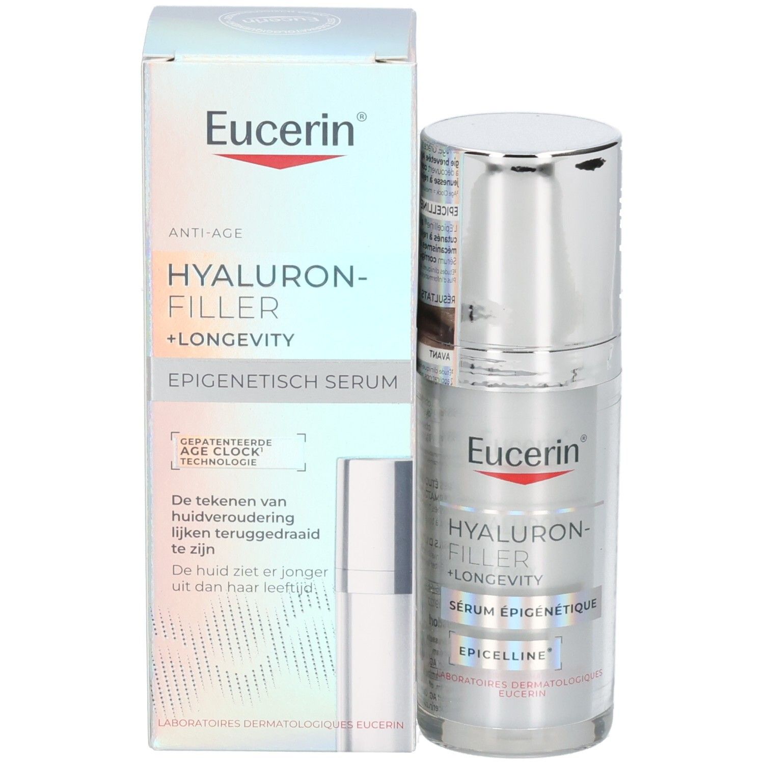 Seitenansicht der Eucerin Hyaluron-Filler + Longevity Serum Flasche.