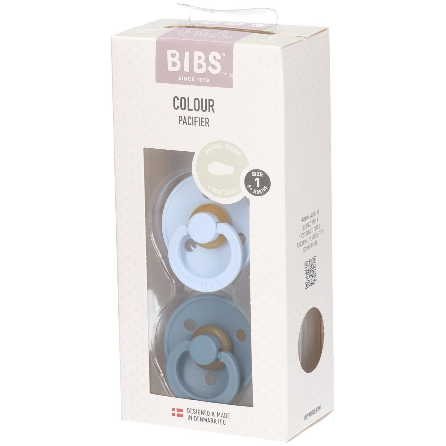 Verpackung mit zwei Schnullern in Blau und Petrol. Marke BIBS. Größe 1. Sichtfenster.