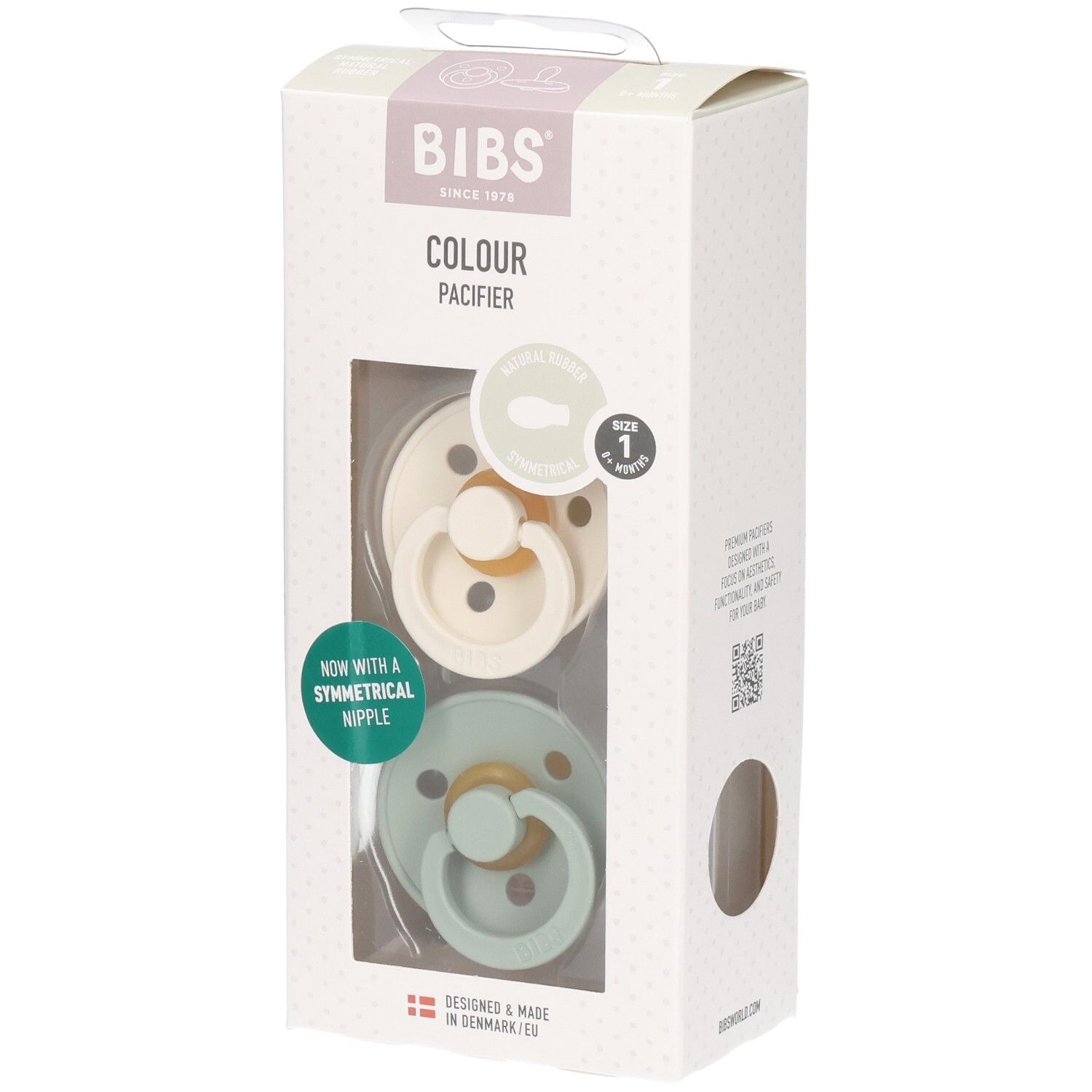 Verpackung mit zwei Schnullern. Marke BIBS. Farben: Ivory und Salbei. Mit symmetrischem Sauger. Größe 1.