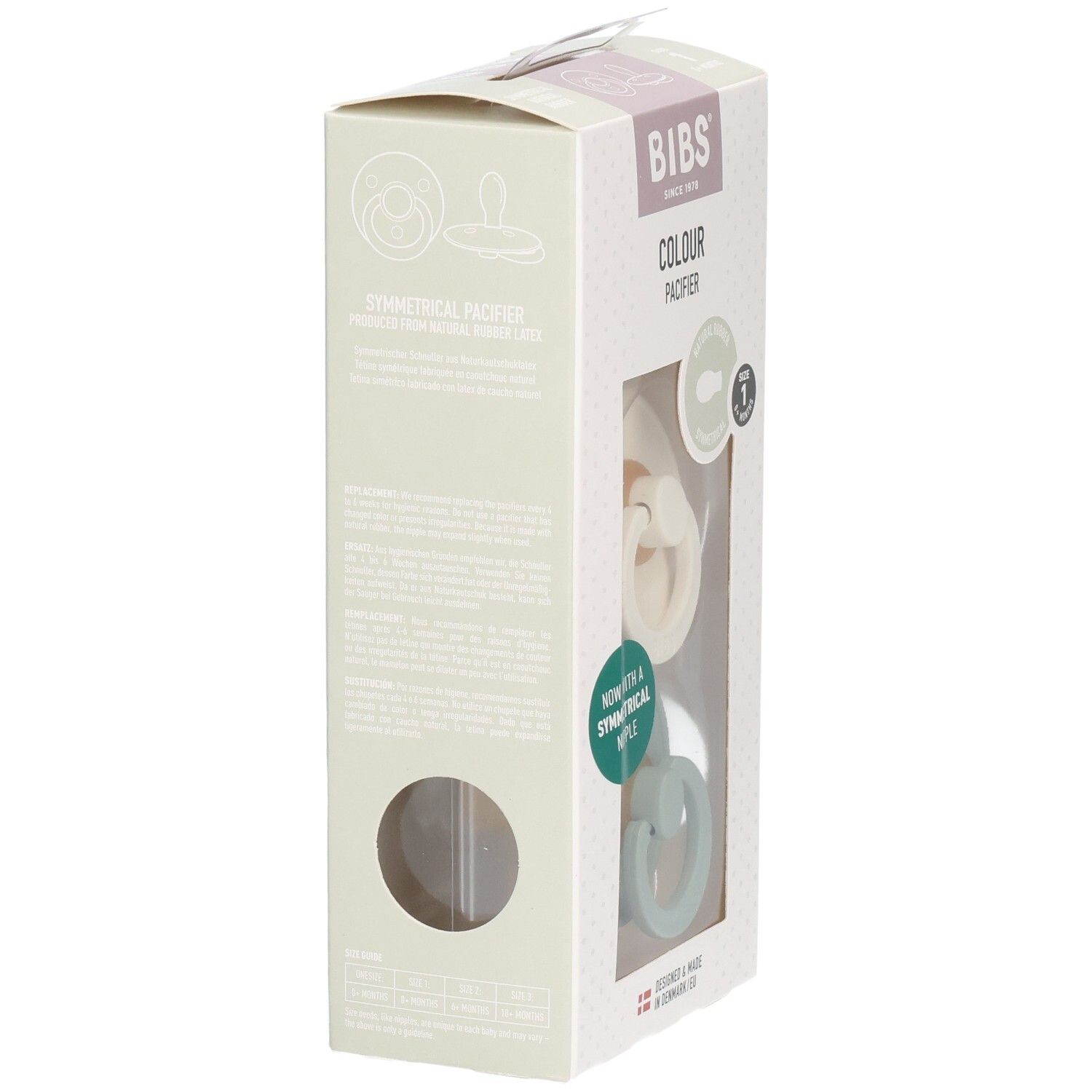 Verpackung mit zwei Schnullern. Marke BIBS. Farben: Ivory und Salbei. Mit symmetrischem Sauger. Größe 1. Rückseite mit Text.
