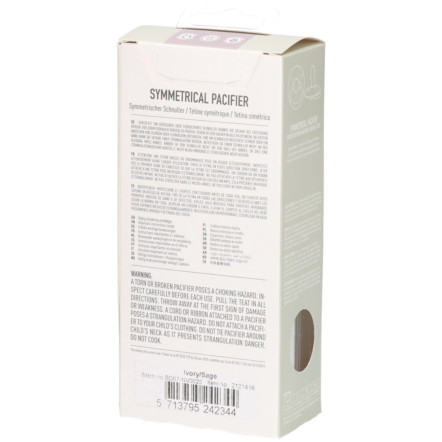 Rückseite der Verpackung. Text in mehreren Sprachen. Hinweis auf symmetrischen Schnuller. Farbe: Ivory/Salbei.
