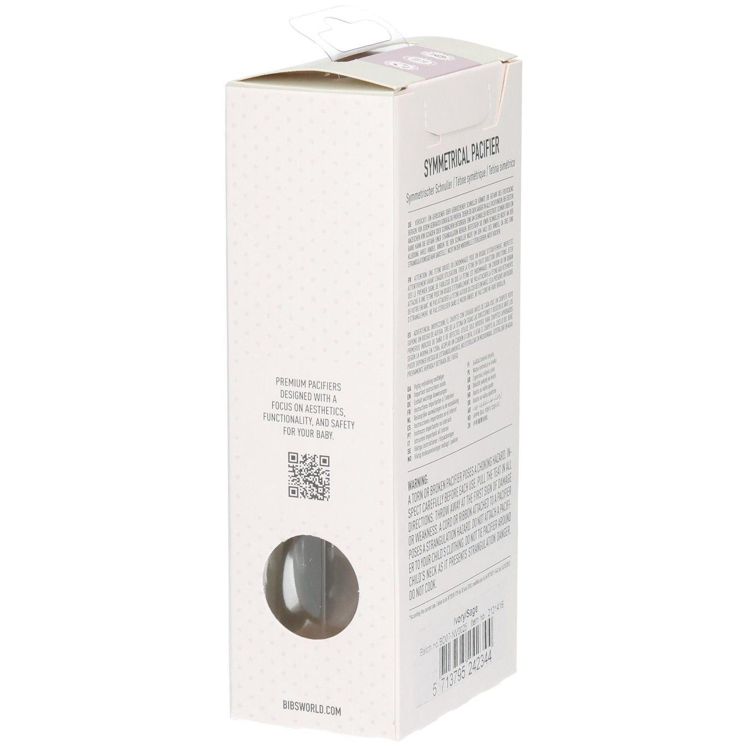 Verpackung mit zwei Schnullern. Marke BIBS. Farben: Ivory und Salbei. Mit symmetrischem Sauger. Größe 1. Rückseite mit Text.