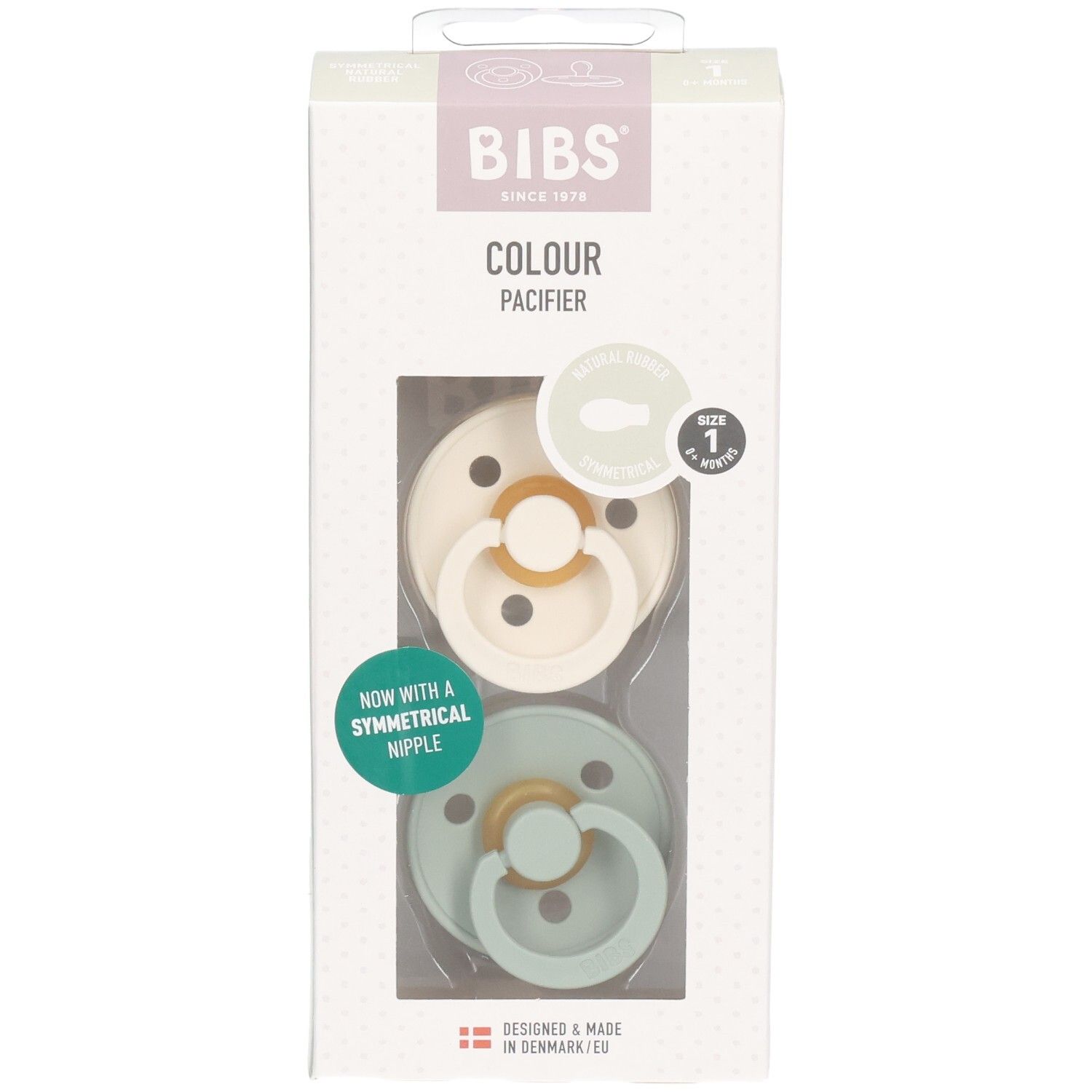 Verpackung mit zwei Schnullern. Marke BIBS. Farben: Ivory und Salbei. Mit symmetrischem Sauger. Größe 1.