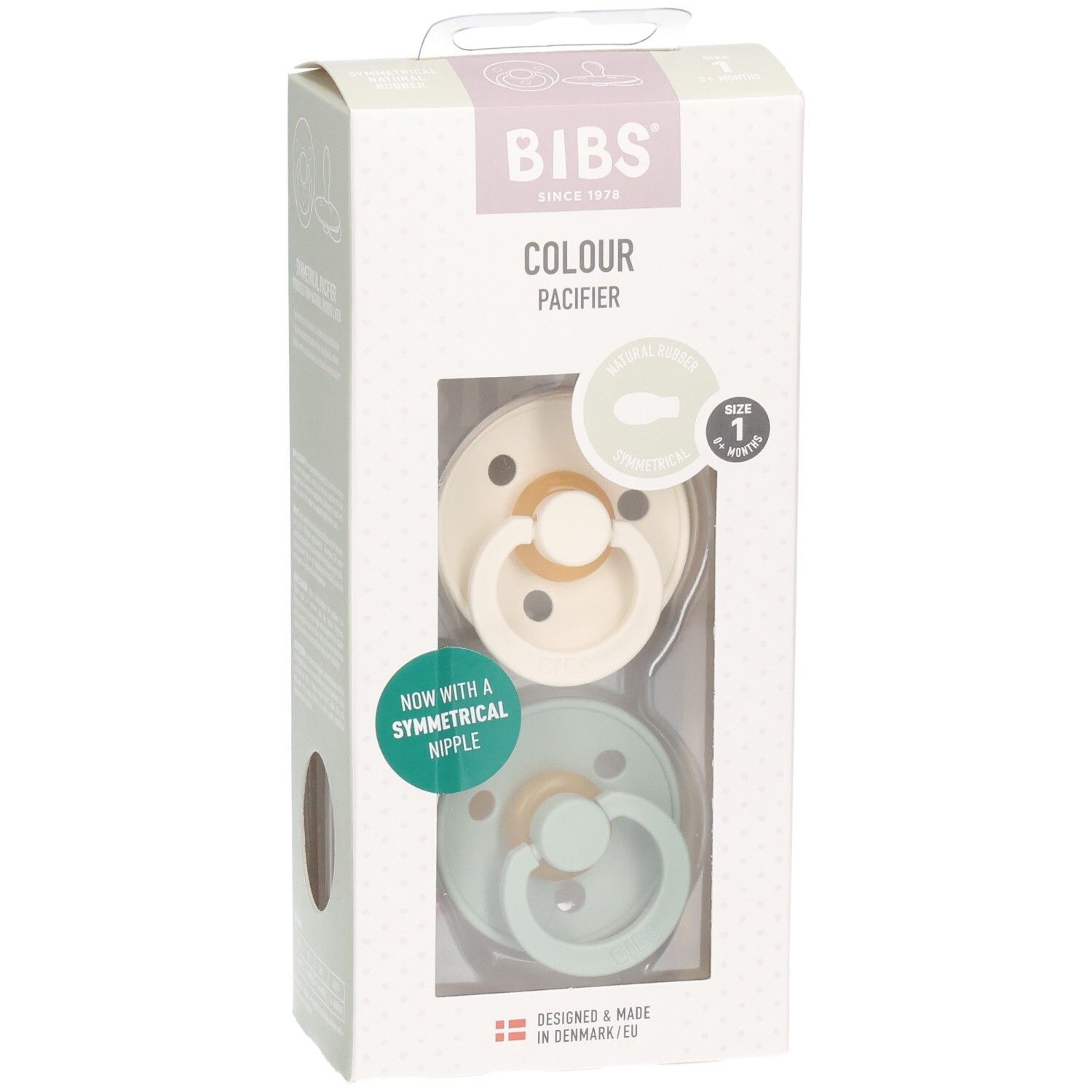 Verpackung mit zwei Schnullern. Marke BIBS. Farben: Ivory und Salbei. Mit symmetrischem Sauger. Größe 1.