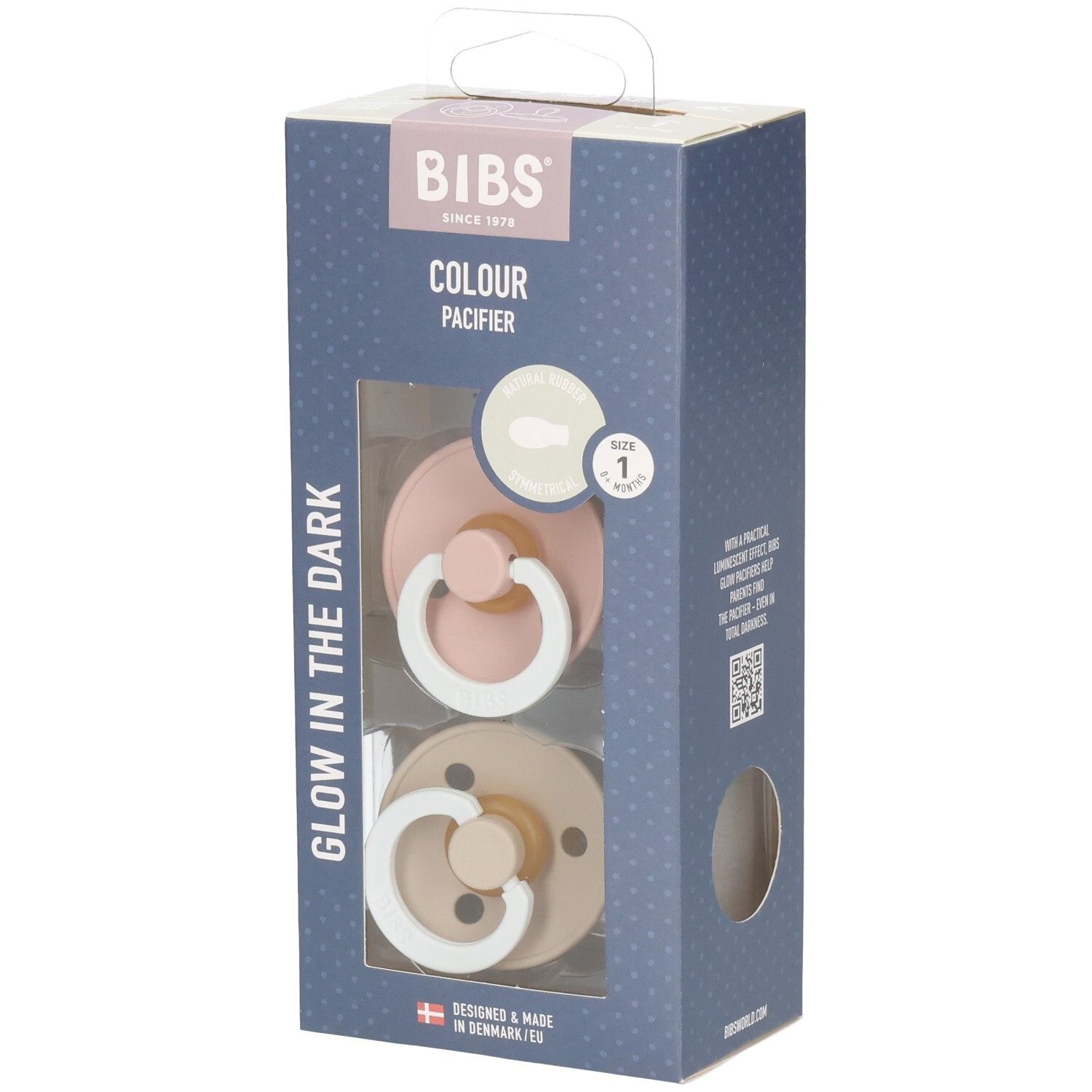 BIBS Colour Schnuller Duo. Zwei Schnuller in Rosa und Beige. Verpackung mit Sichtfenster. Aufschrift: Glow in the Dark.
