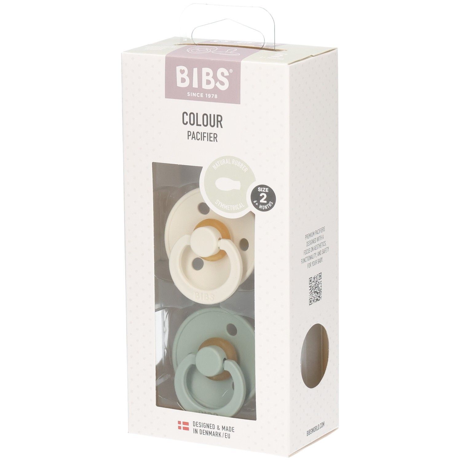 Verpackung mit zwei Schnullern. Marke BIBS, Farbe Sage/Ivory. Größe 2. Sichtfenster zeigt die Produkte.
