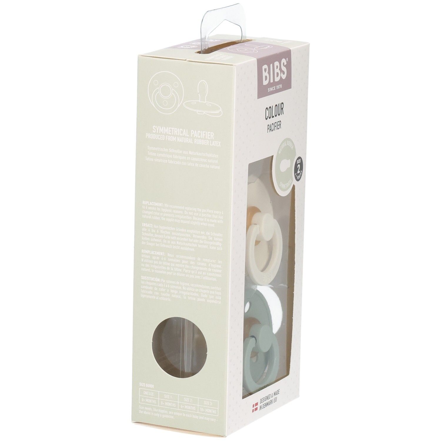 Verpackung mit zwei Schnullern. Marke BIBS, Farbe Sage/Ivory. Rückseite mit Text und Produktabbildung.