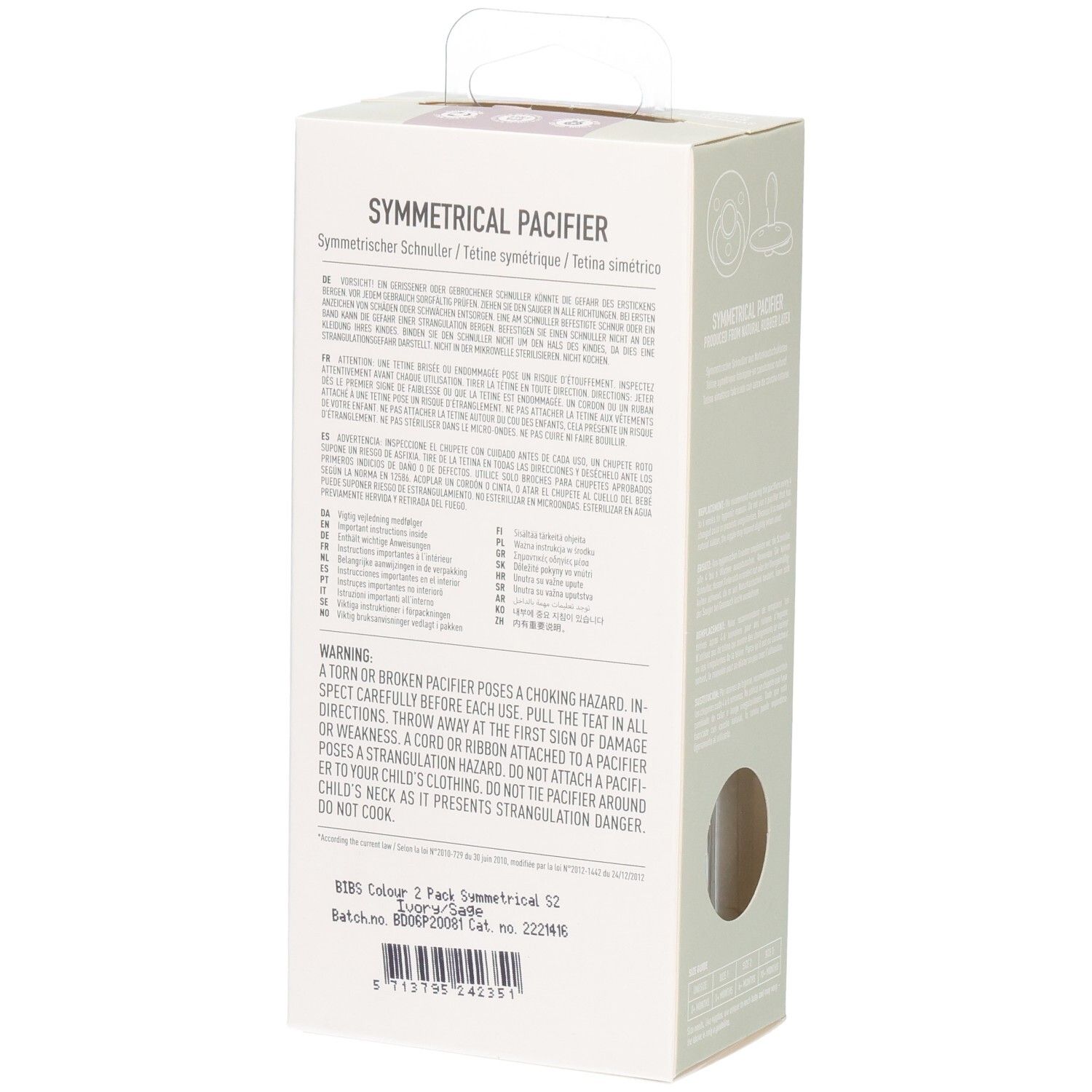Rückseite der Verpackung mit Text. Enthält Warnhinweise und Produktinformationen. Marke BIBS.