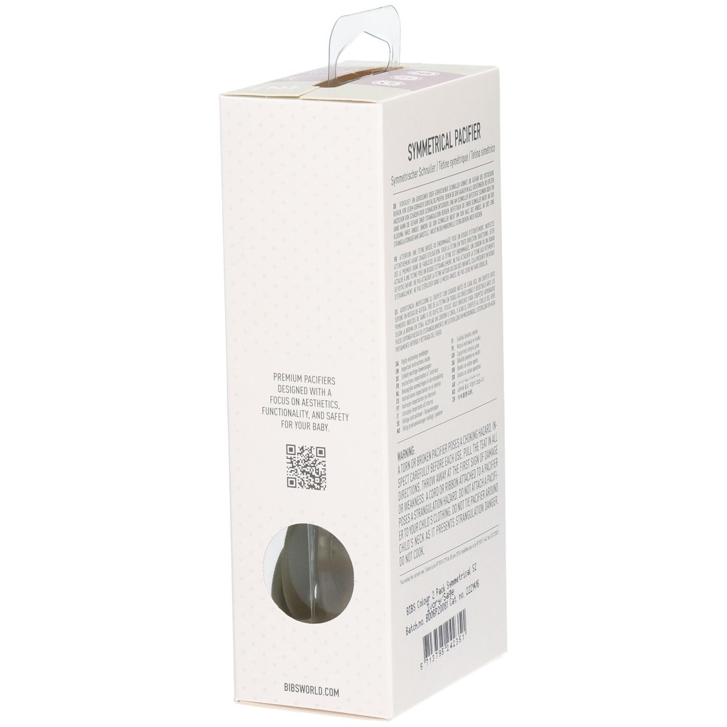 Verpackung mit Text und QR-Code. Marke BIBS. Enthält Informationen zum Produkt und Hersteller.