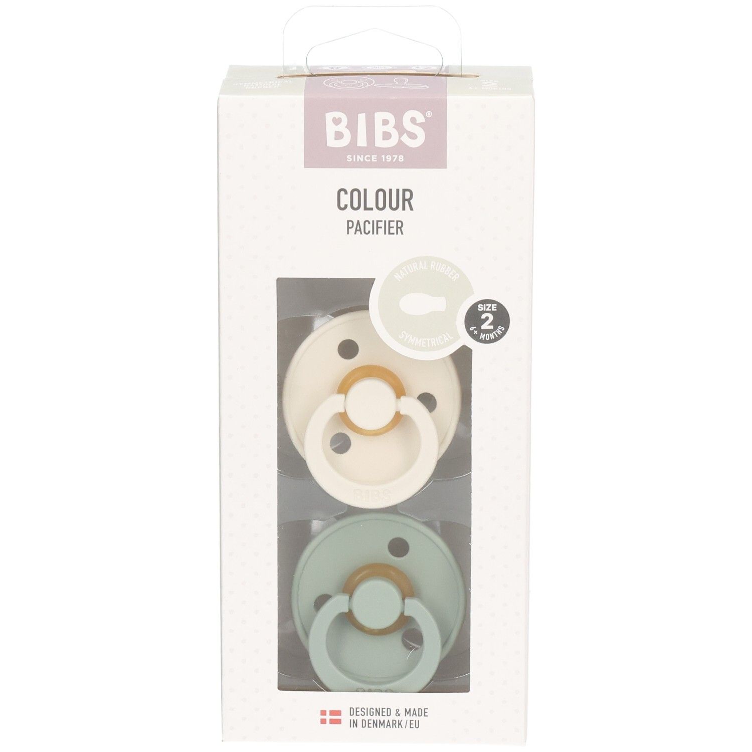 Verpackung mit zwei Schnullern. Marke BIBS, Farbe Sage/Ivory. Größe 2. Sichtfenster zeigt die Produkte.