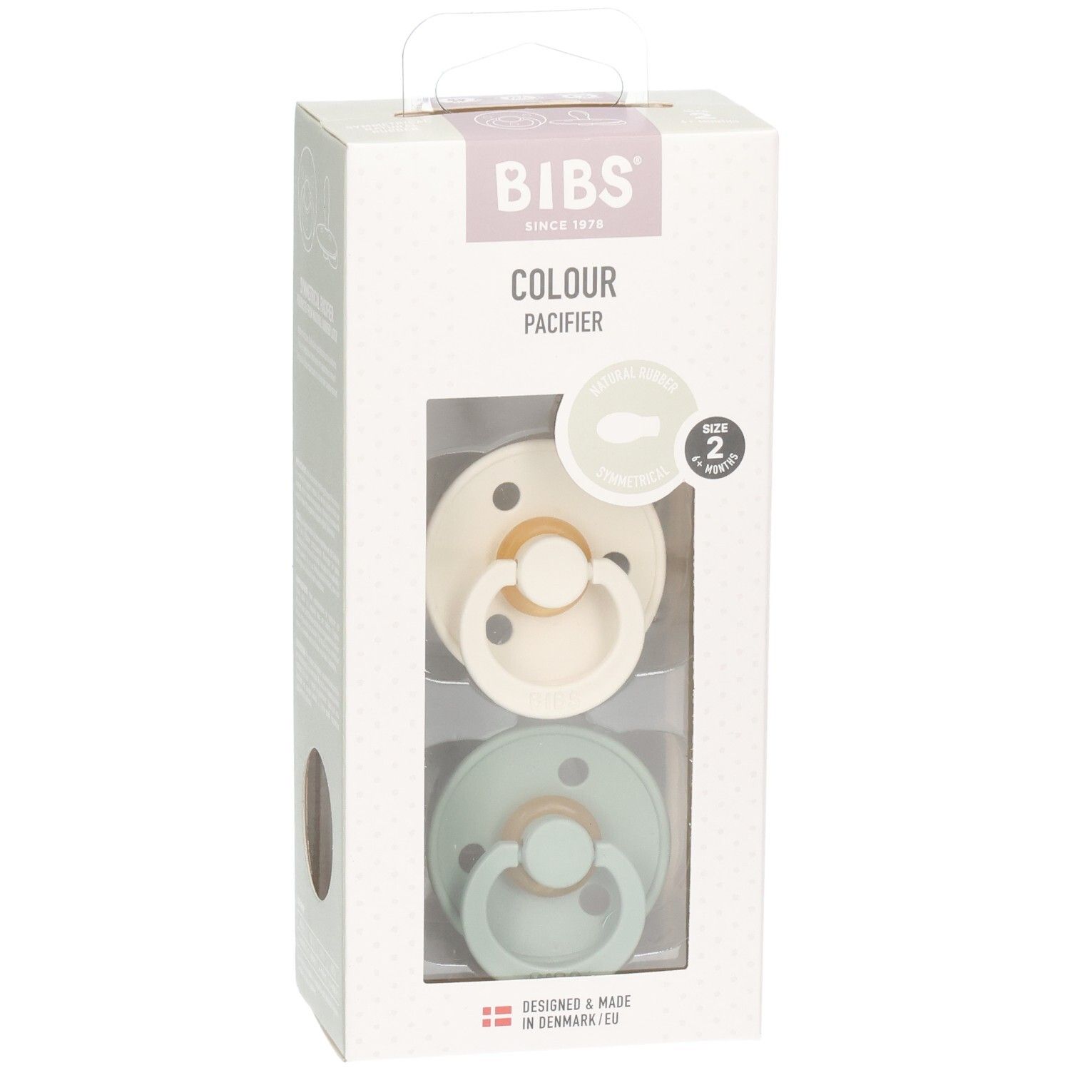Verpackung mit zwei Schnullern. Marke BIBS, Farbe Sage/Ivory. Größe 2. Sichtfenster zeigt die Produkte.