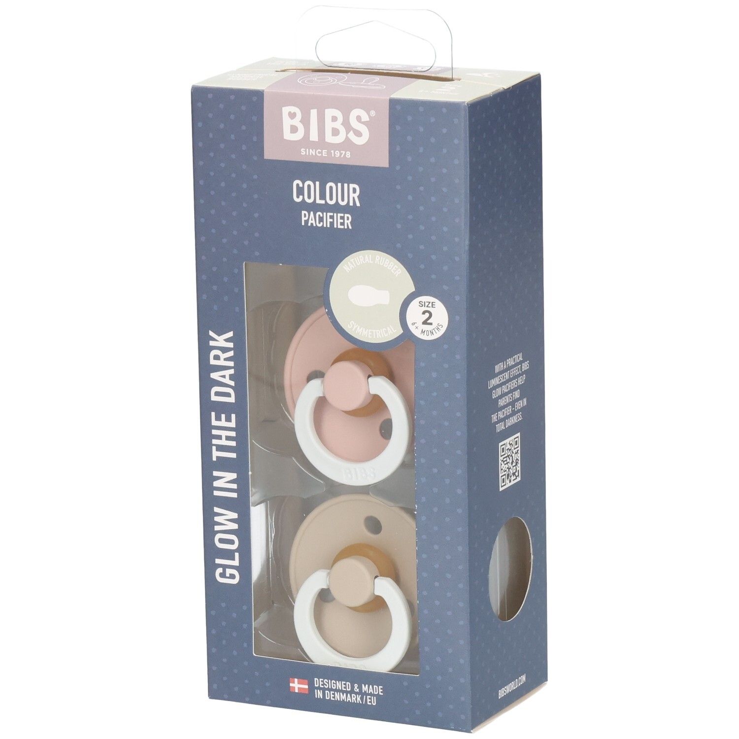 BIBS Colour Schnuller-Duo-Pack. Zwei Schnuller in Rosa und Beige in einer Verpackung. Sichtfenster. "Glow in the Dark".