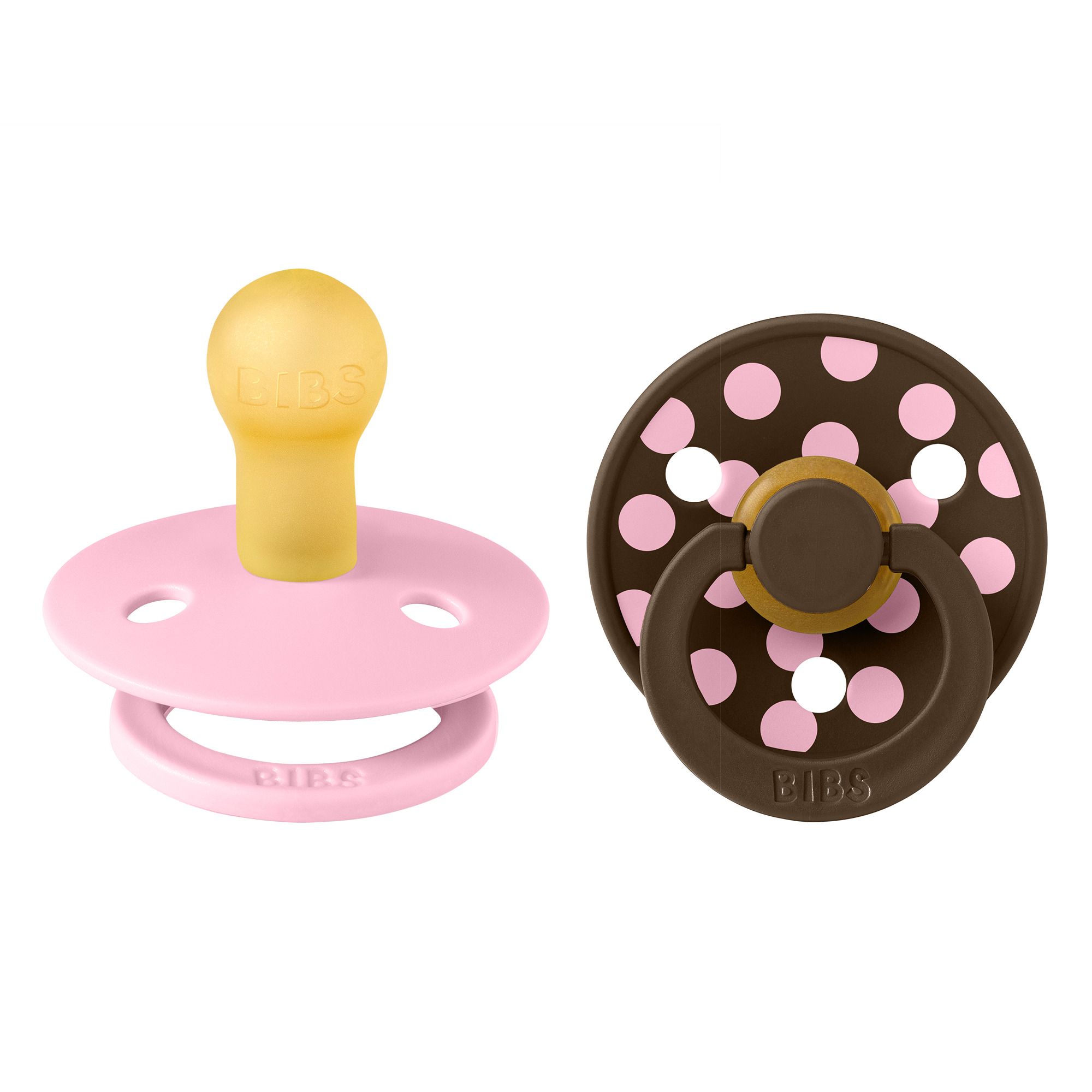 Deux sucettes. Rose et marron à pois blancs. Marque : BIBS. Forme ronde.