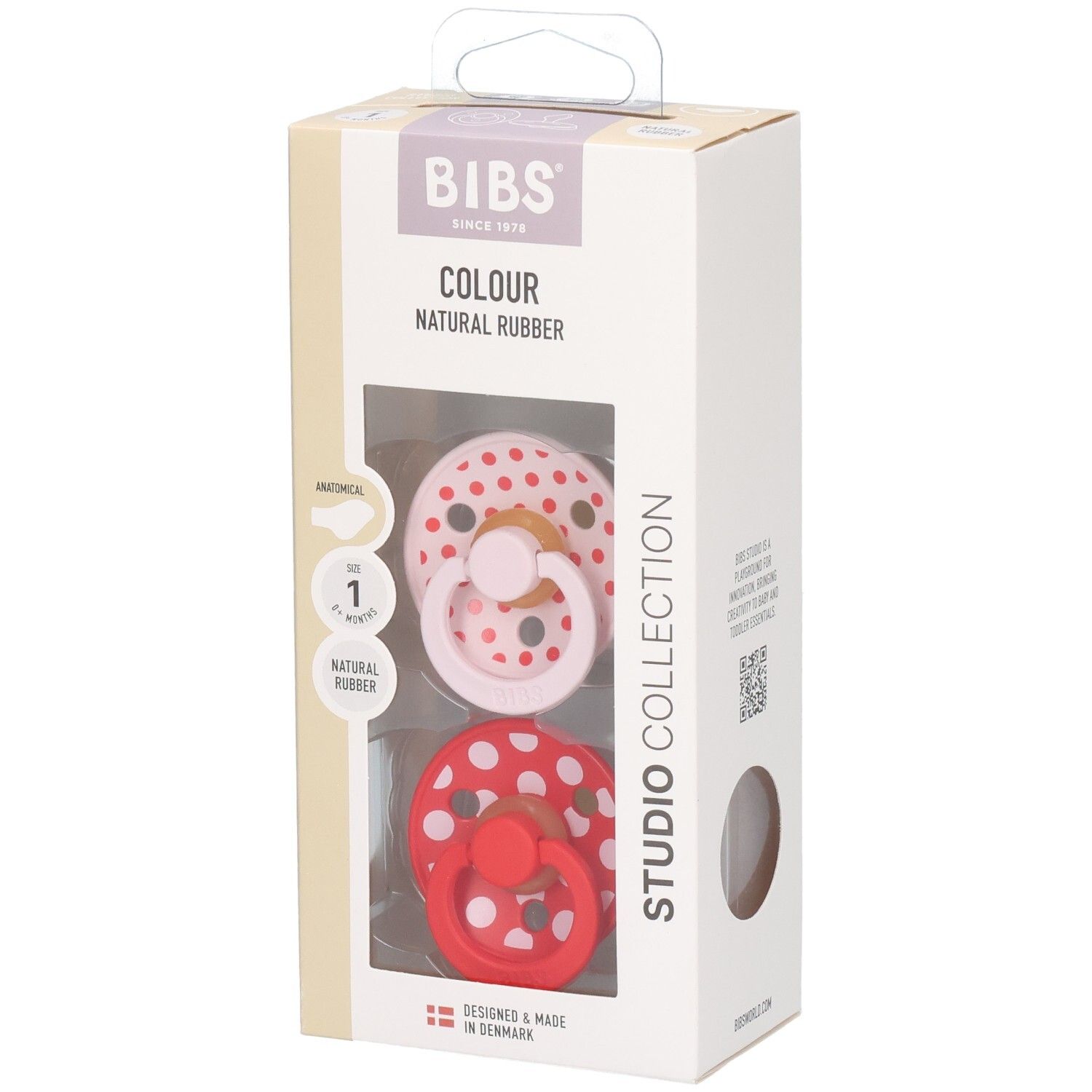 Verpackung mit zwei BIBS Schnullern, Grösse 1, anatomisch, Naturkautschuk, Polka-Muster.
