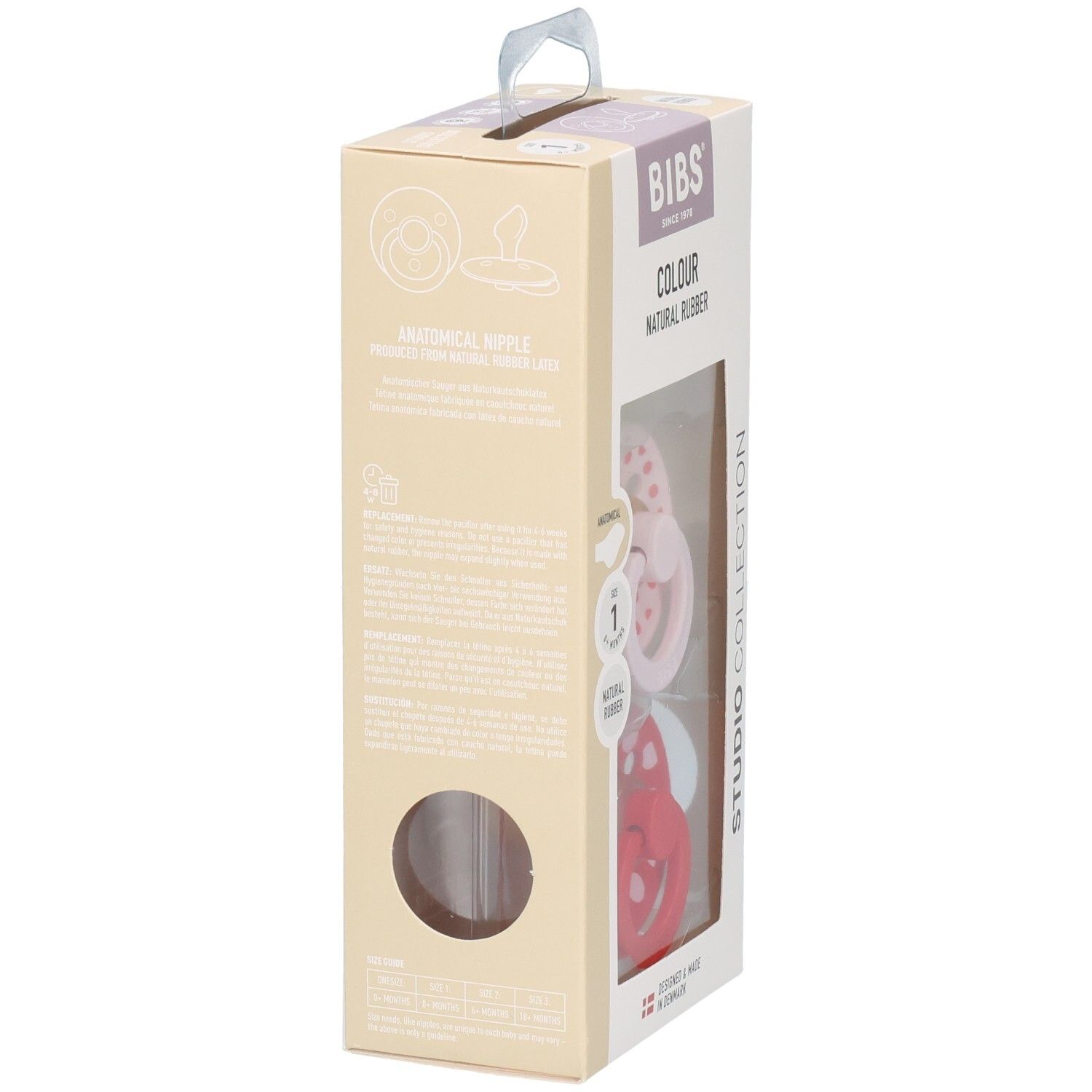 Verpackung mit zwei BIBS Schnullern, Grösse 1, anatomisch, Naturkautschuk, Polka-Muster.