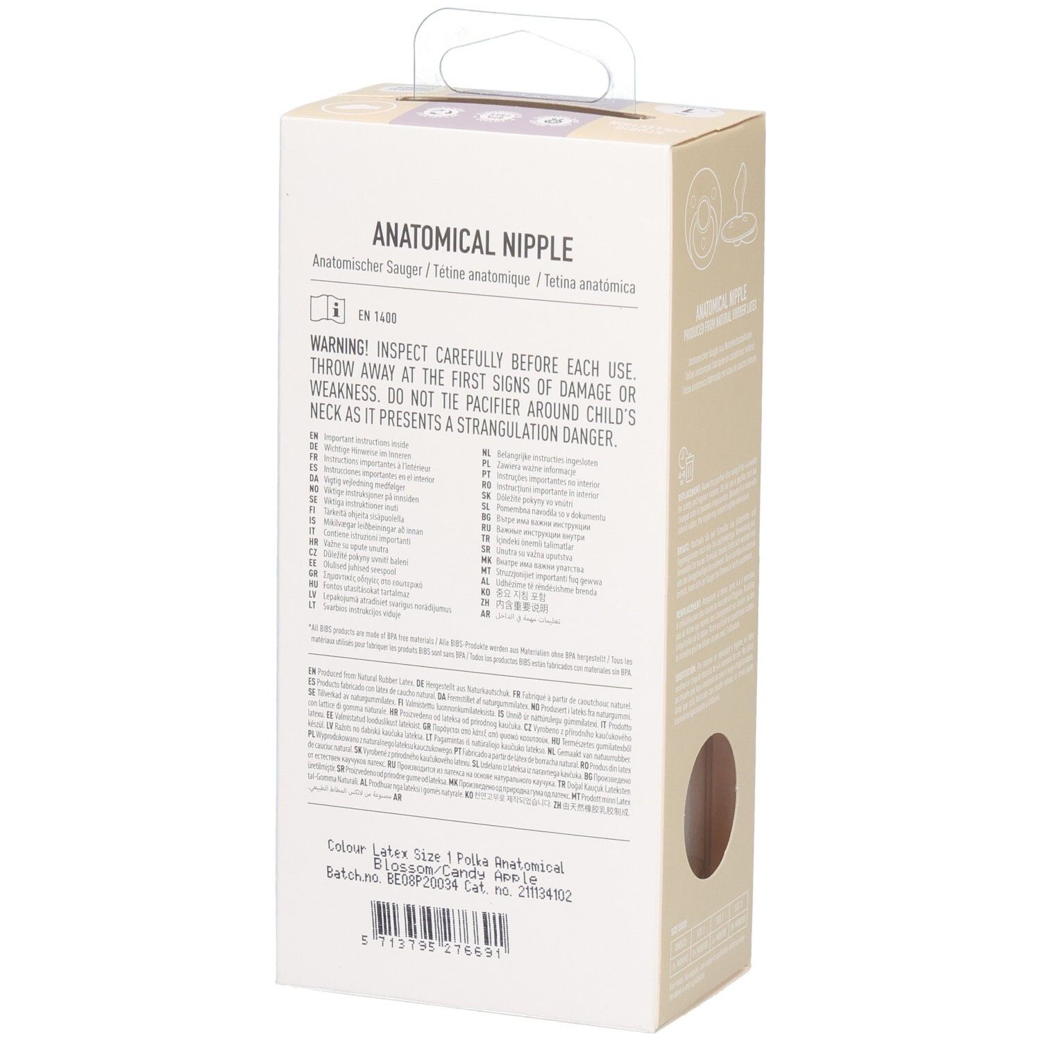Rückseite der BIBS Schnuller-Verpackung mit Warnhinweisen und Produktinformationen.