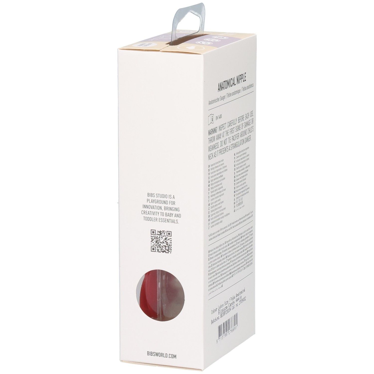 Seite der BIBS Schnuller-Verpackung mit Informationen zur Studio Collection.