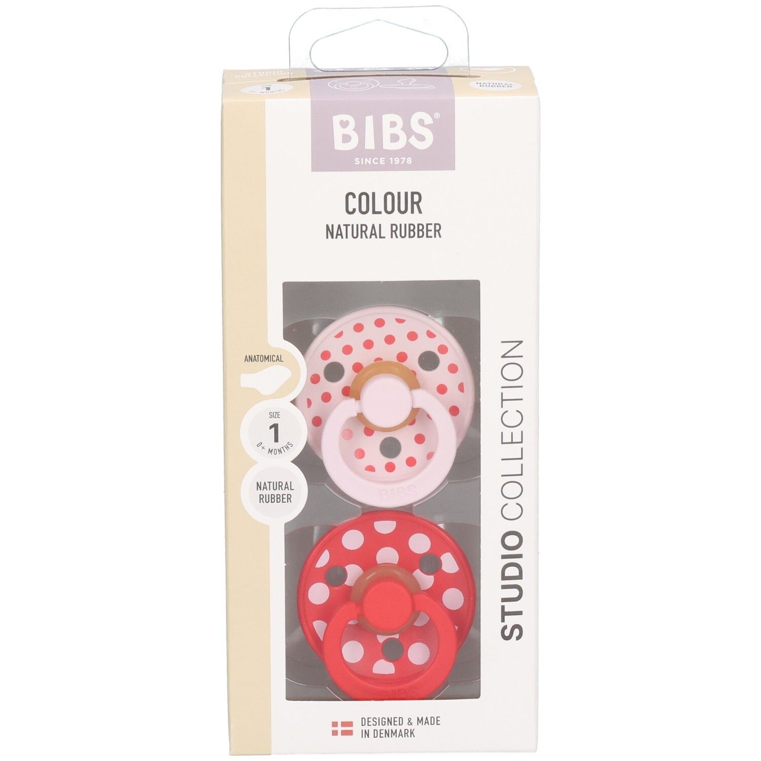 Verpackung mit zwei BIBS Schnullern, Grösse 1, anatomisch, Naturkautschuk, Polka-Muster.
