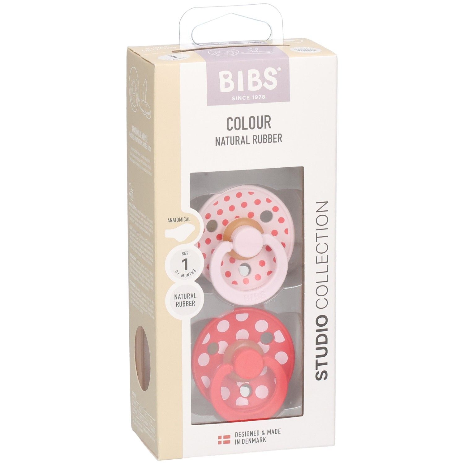 Verpackung mit zwei BIBS Schnullern, Grösse 1, anatomisch, Naturkautschuk, Polka-Muster.