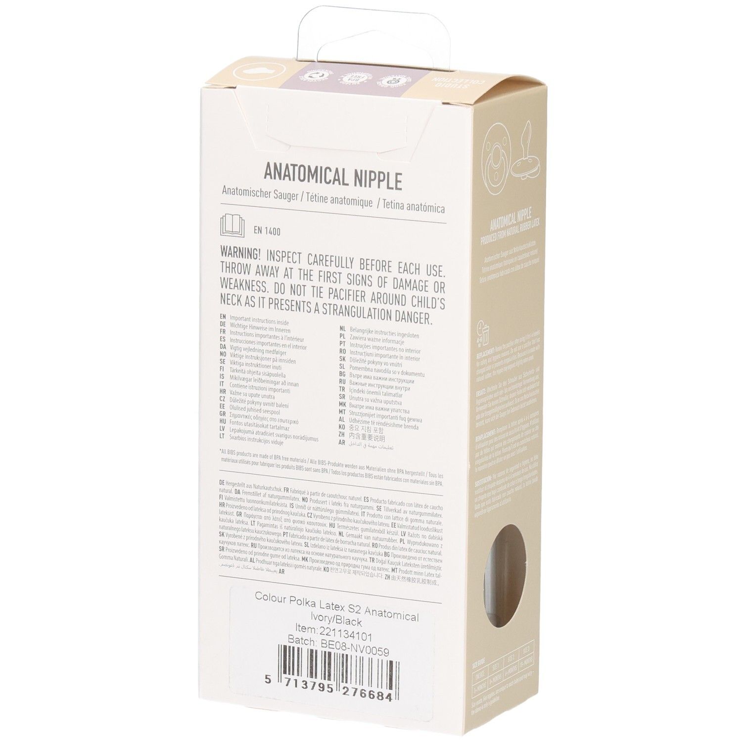 Rückseite der Verpackung. Anatomischer Sauger. Warnhinweise und Produktinformationen.