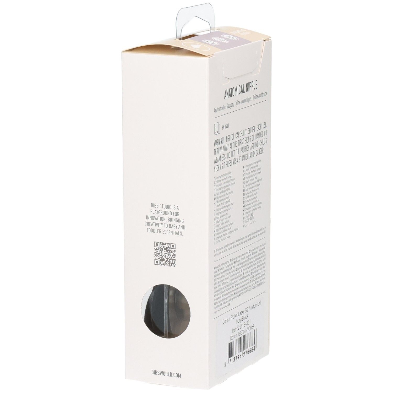 Rückseite der Verpackung. Anatomischer Sauger. Warnhinweise und Produktinformationen.