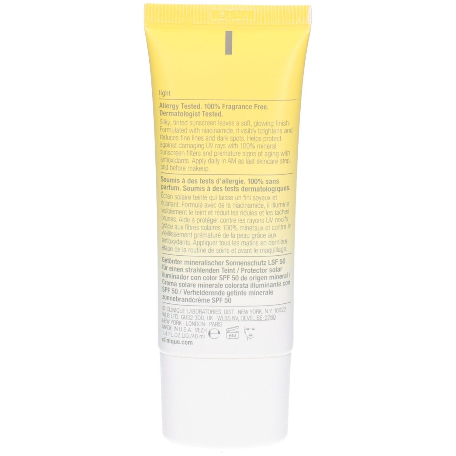 Rückseite einer Clinique UV Solutions Sonnenschutz-Tube mit Produktinformationen.