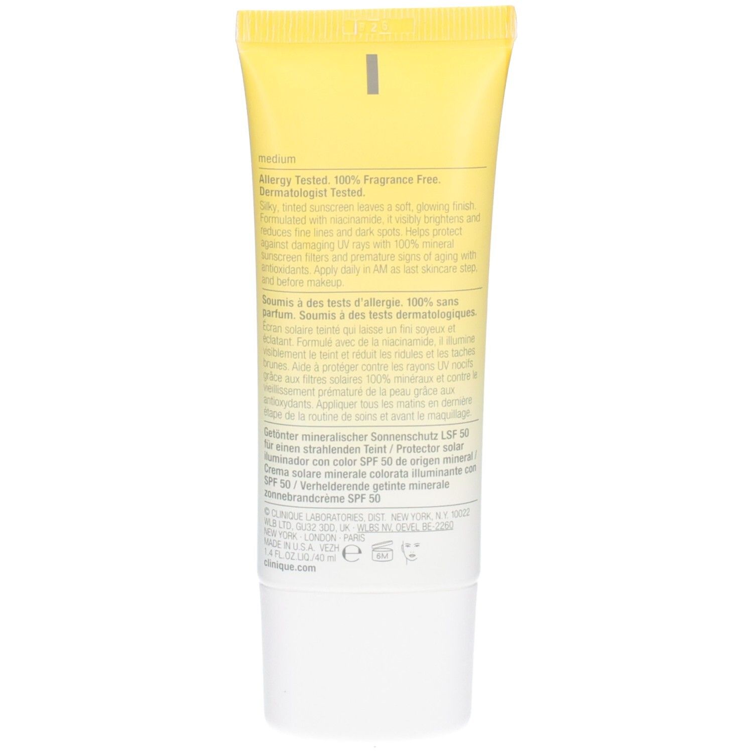 Rückseite der Clinique UV Solutions getönten Sonnencreme LSF 50 Tube.