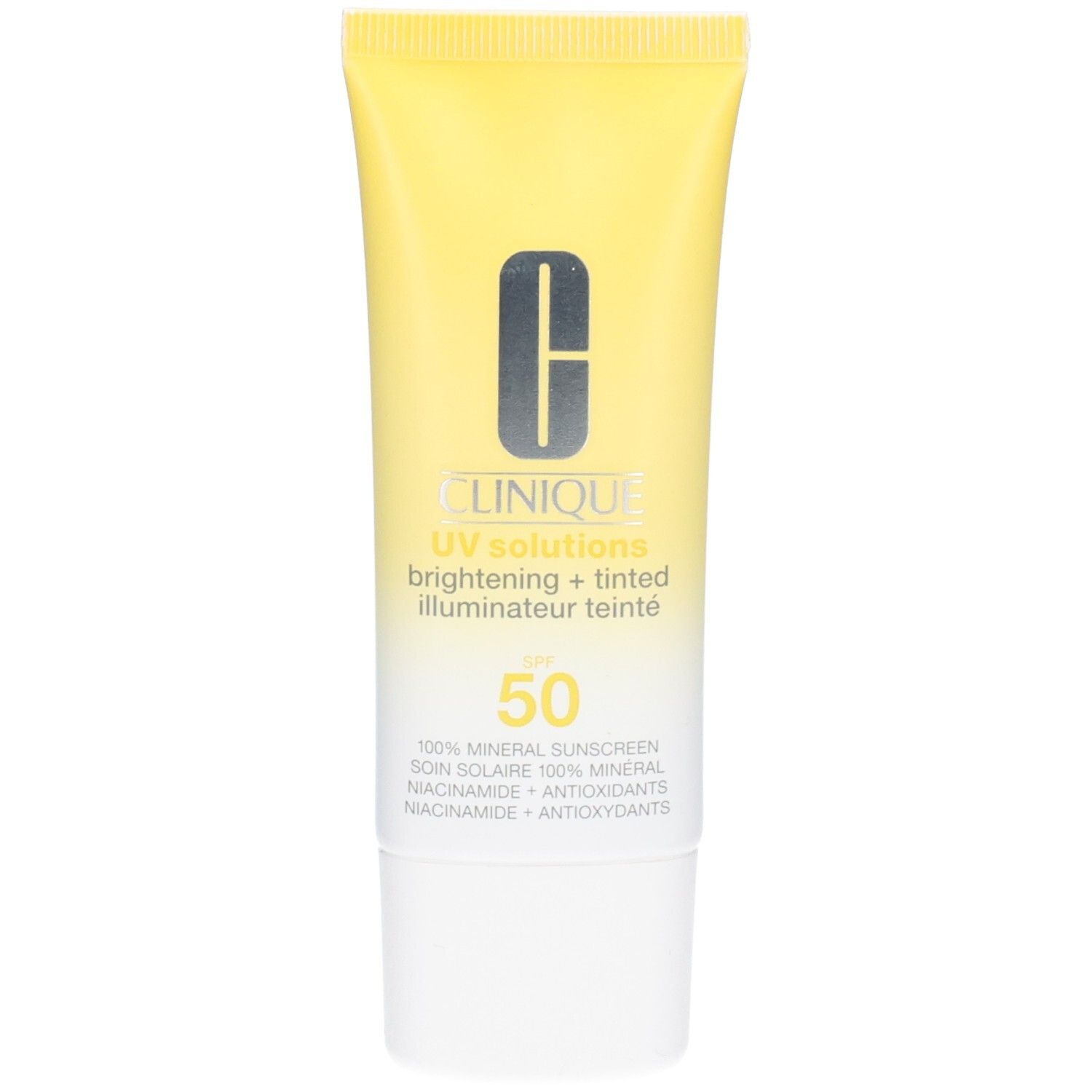 Clinique Sonnencreme mit LSF 50, hellgelbe Tube mit weißem Verschluss.