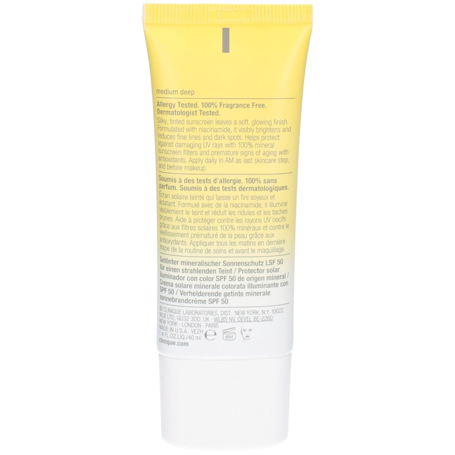 Rückseite einer Clinique Sonnencreme-Tube mit Produktinformationen in mehreren Sprachen.