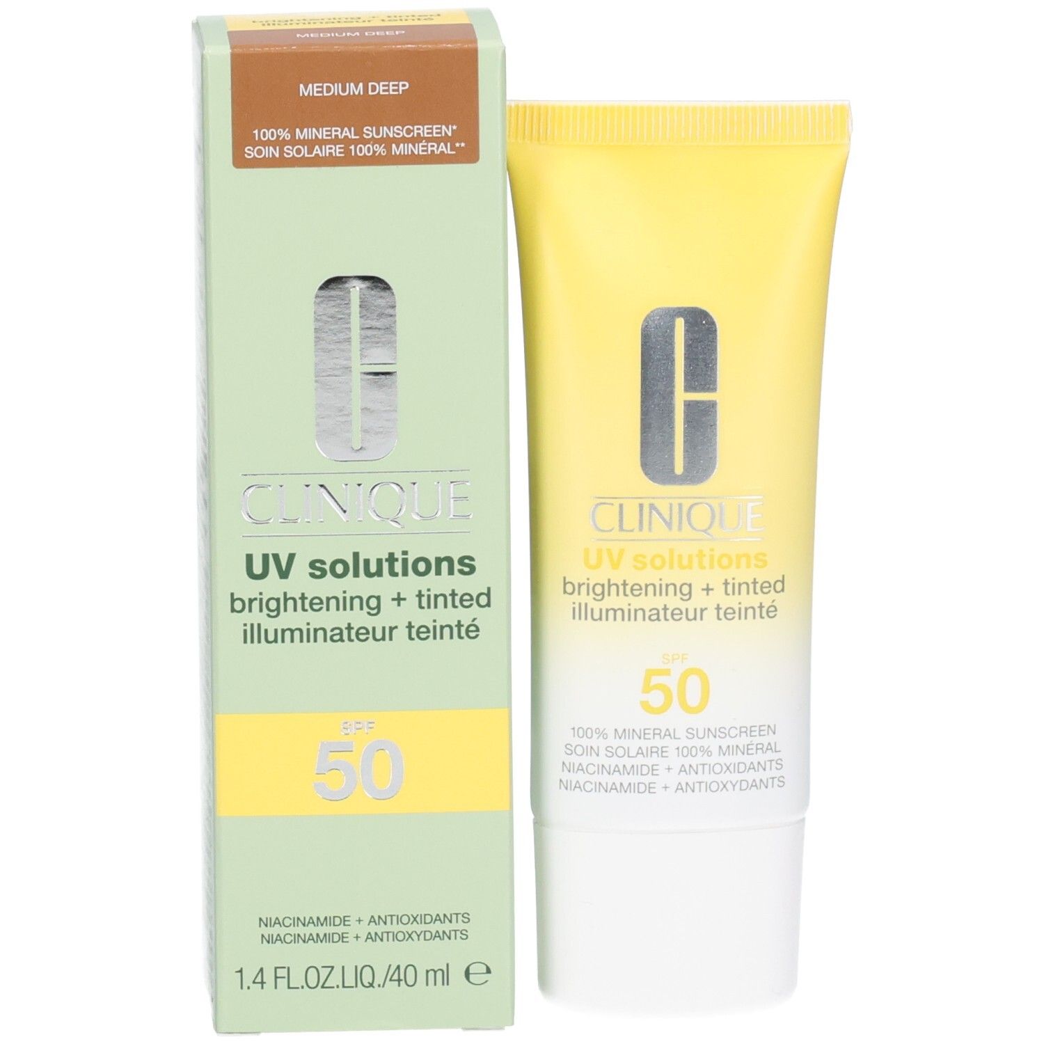 Clinique Sonnencreme LSF 50, hellgelbe Tube und hellgrüne Verpackung, Farbton Medium Deep.