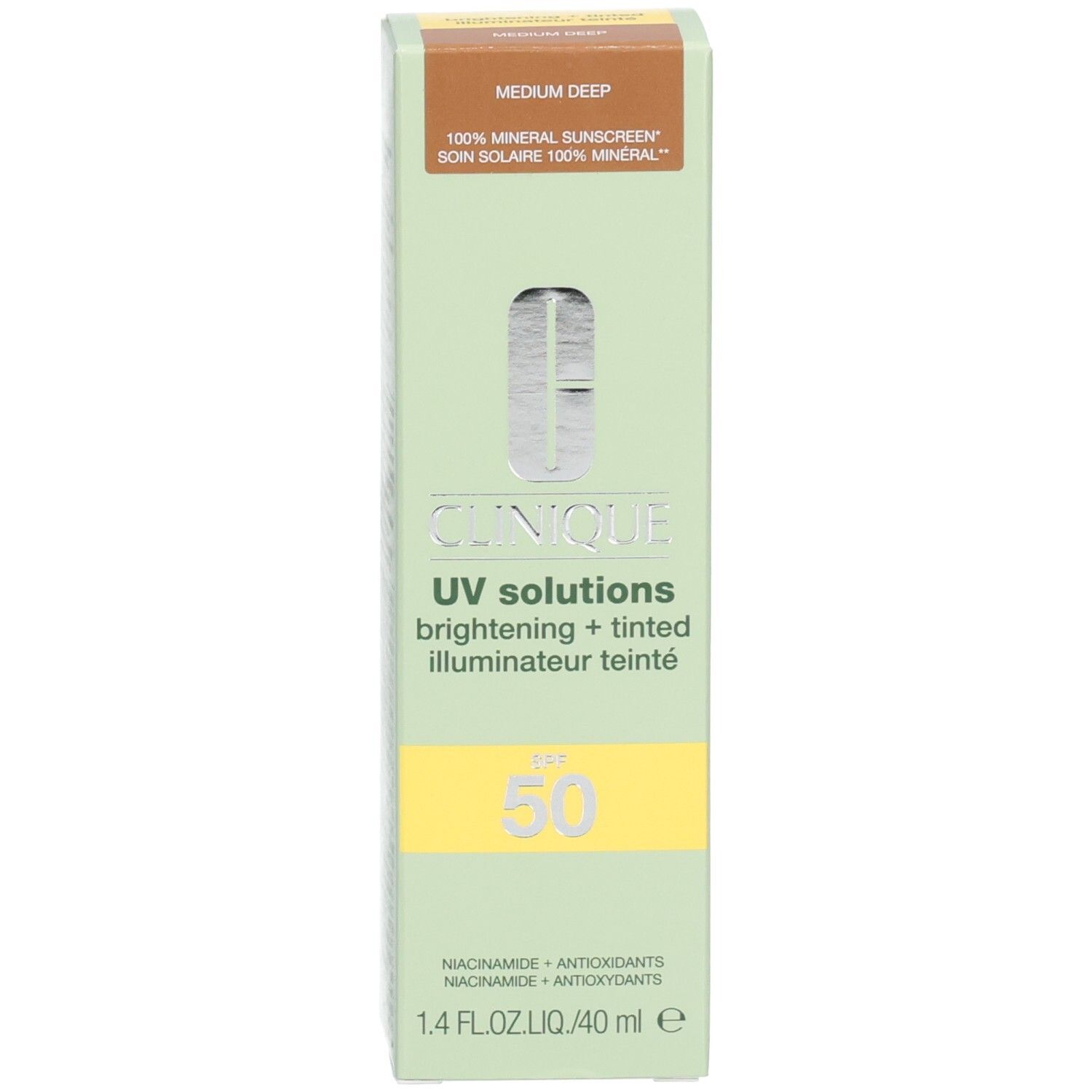Verpackung der Clinique Sonnencreme LSF 50, hellgrün mit Farbton Medium Deep oben.