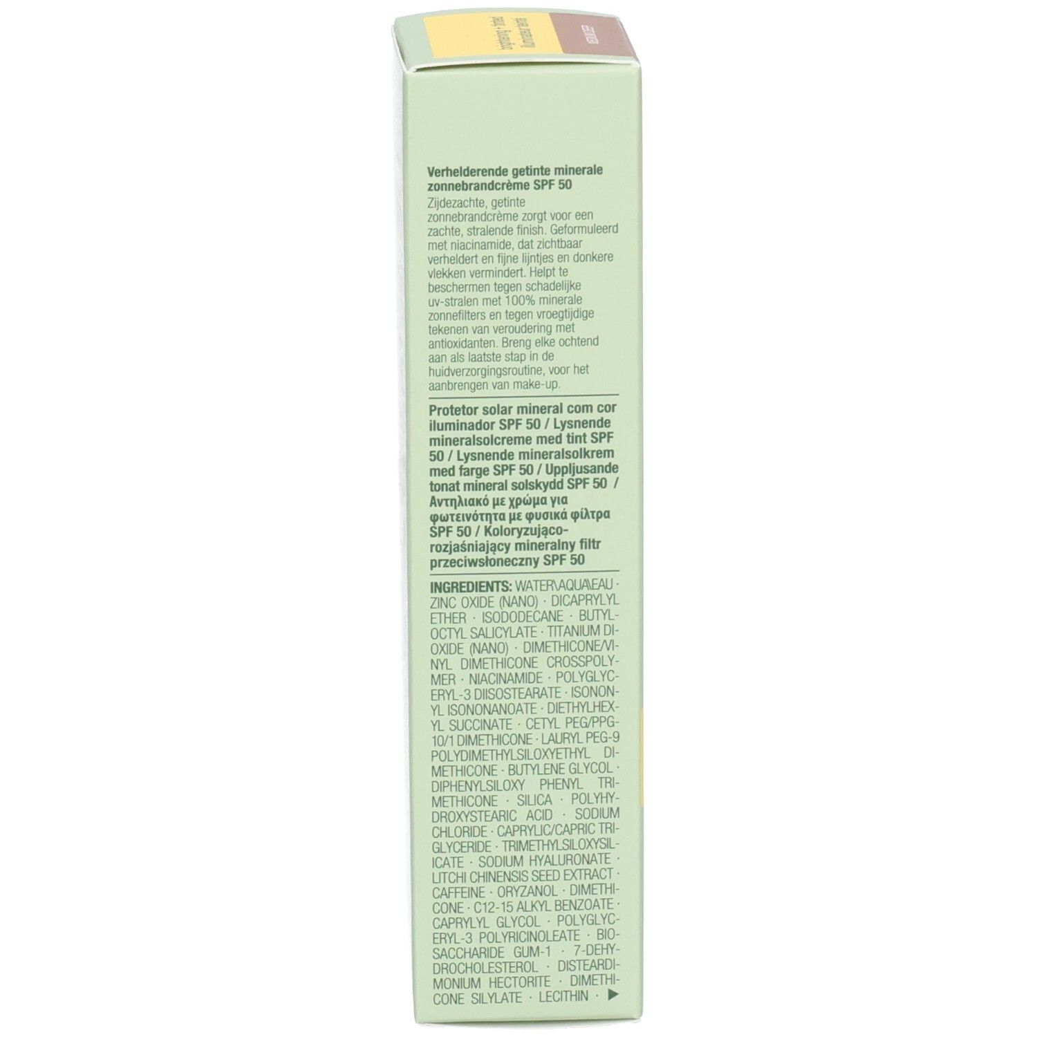Seite der Clinique Sonnencreme-Verpackung mit Inhaltsstoffen und Zertifizierungen.