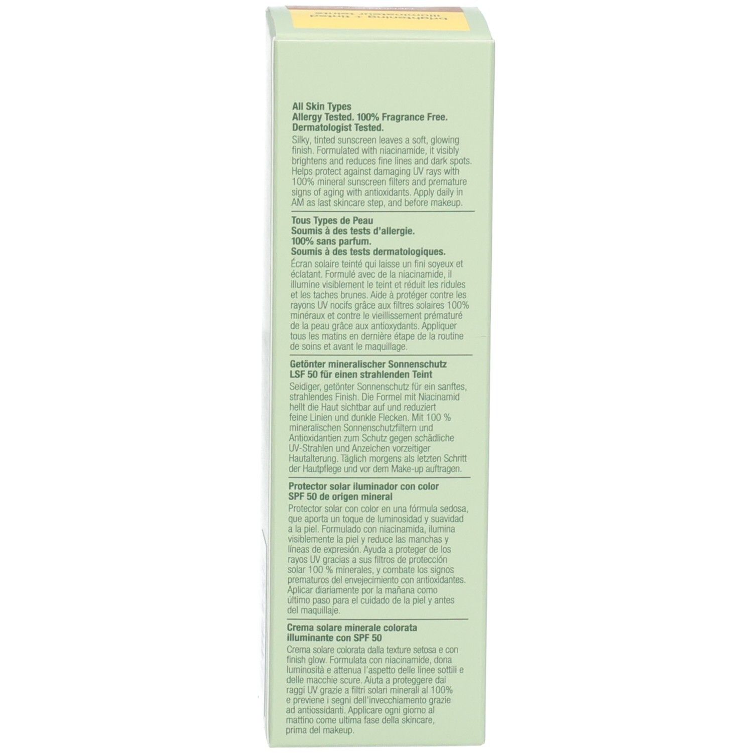 Seite der Clinique Sonnencreme-Verpackung mit Anwendungs- und Produktinformationen.