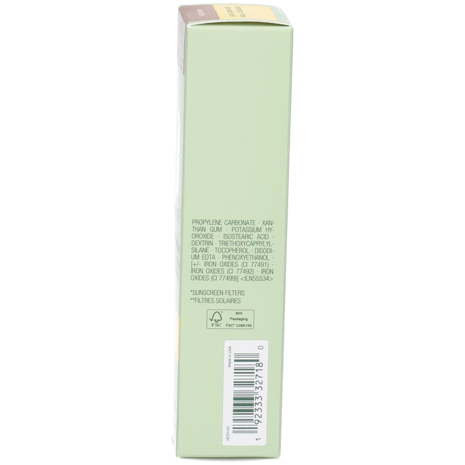 Seite der Clinique Sonnencreme-Verpackung mit Barcode und FSC-Zertifizierung.