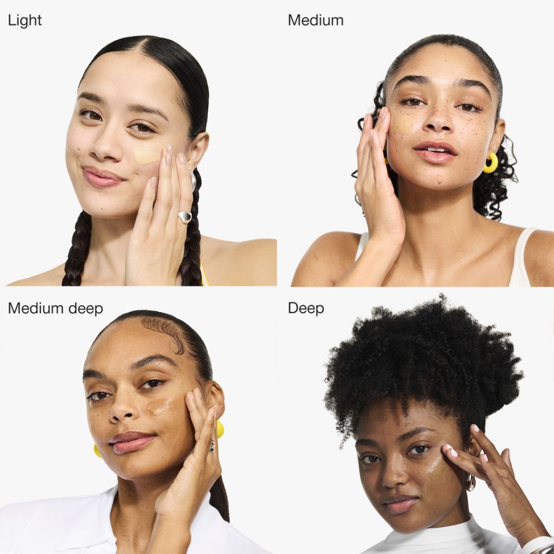 Crème solaire Clinique SPF 50, tube jaune pâle et boîte vert clair, teinte Medium Deep.