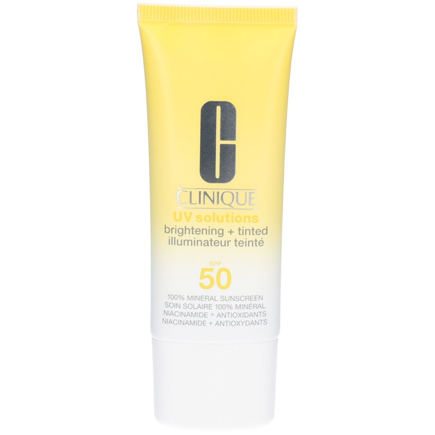 Clinique Sonnencreme mit LSF 50, hellgelbe Tube mit weißem Verschluss.