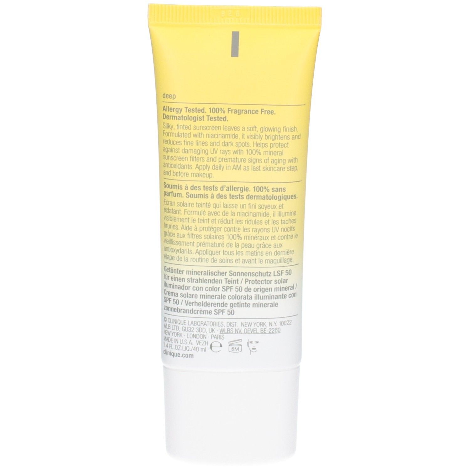 Rückseite einer Clinique Sonnencreme-Tube mit Produktinformationen in mehreren Sprachen.