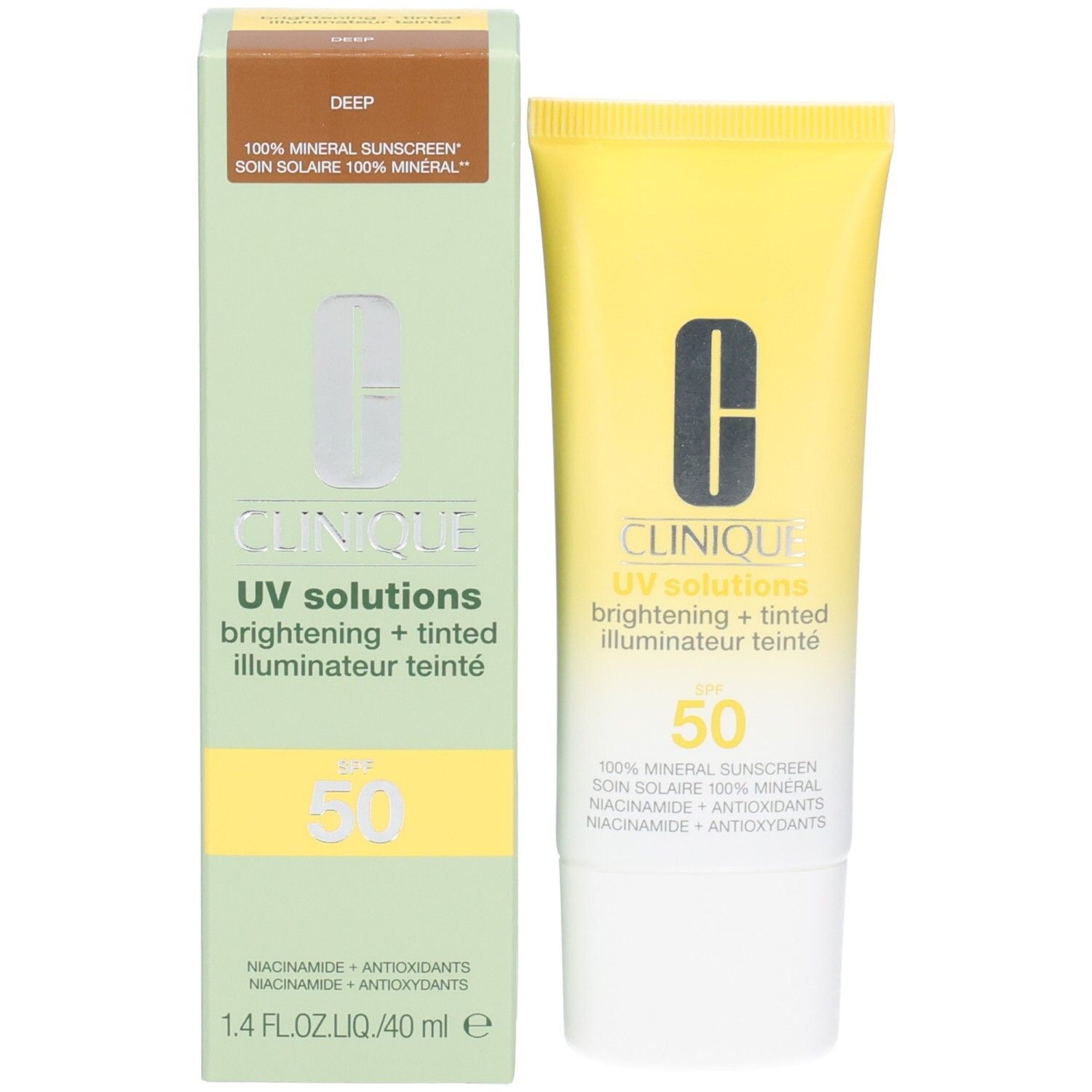 Clinique Sonnencreme LSF 50, Deep-Farbton, neben der passenden Verpackung.